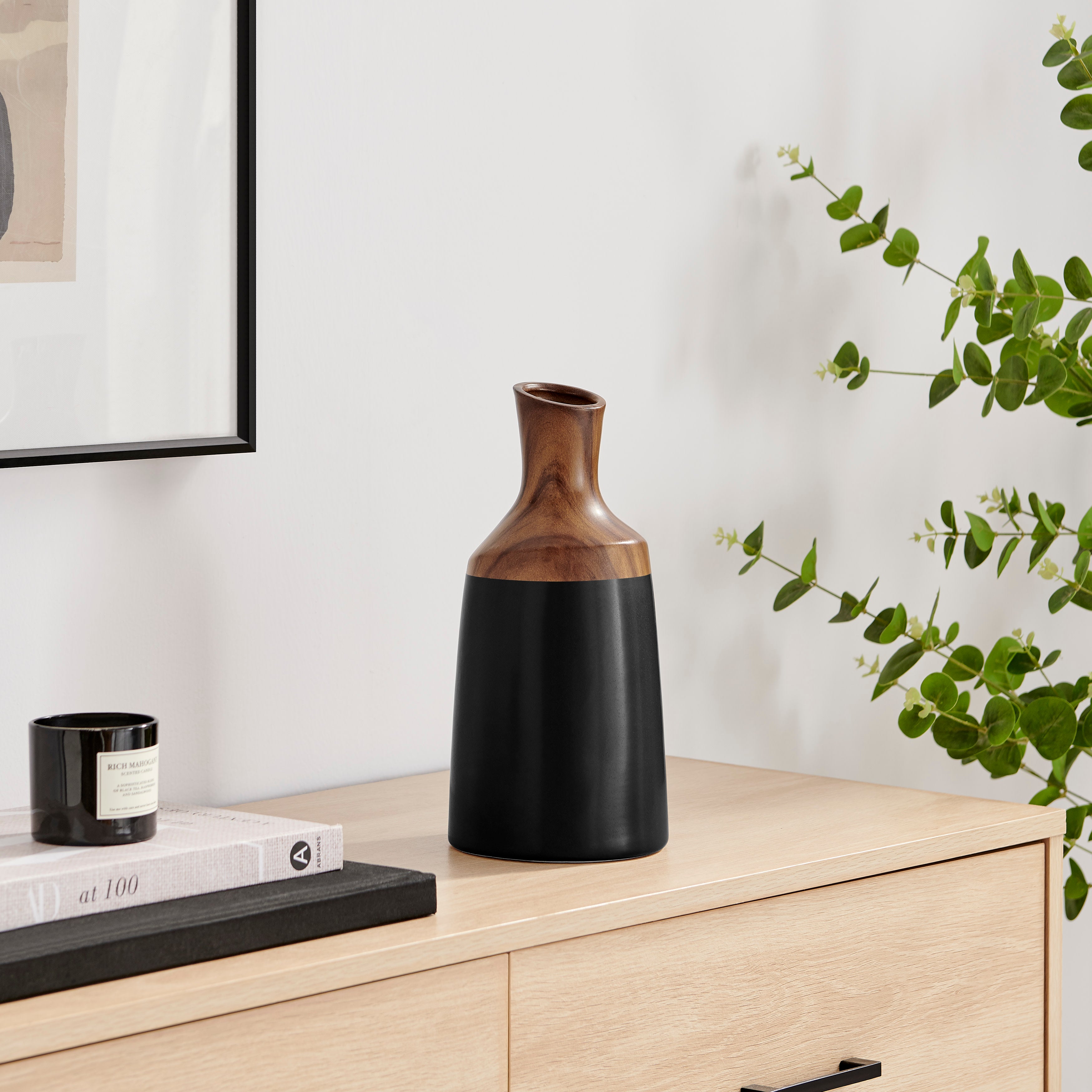 Milo Kande Carafe Modern Two Tone Tabletop Vase - Black and Walnut