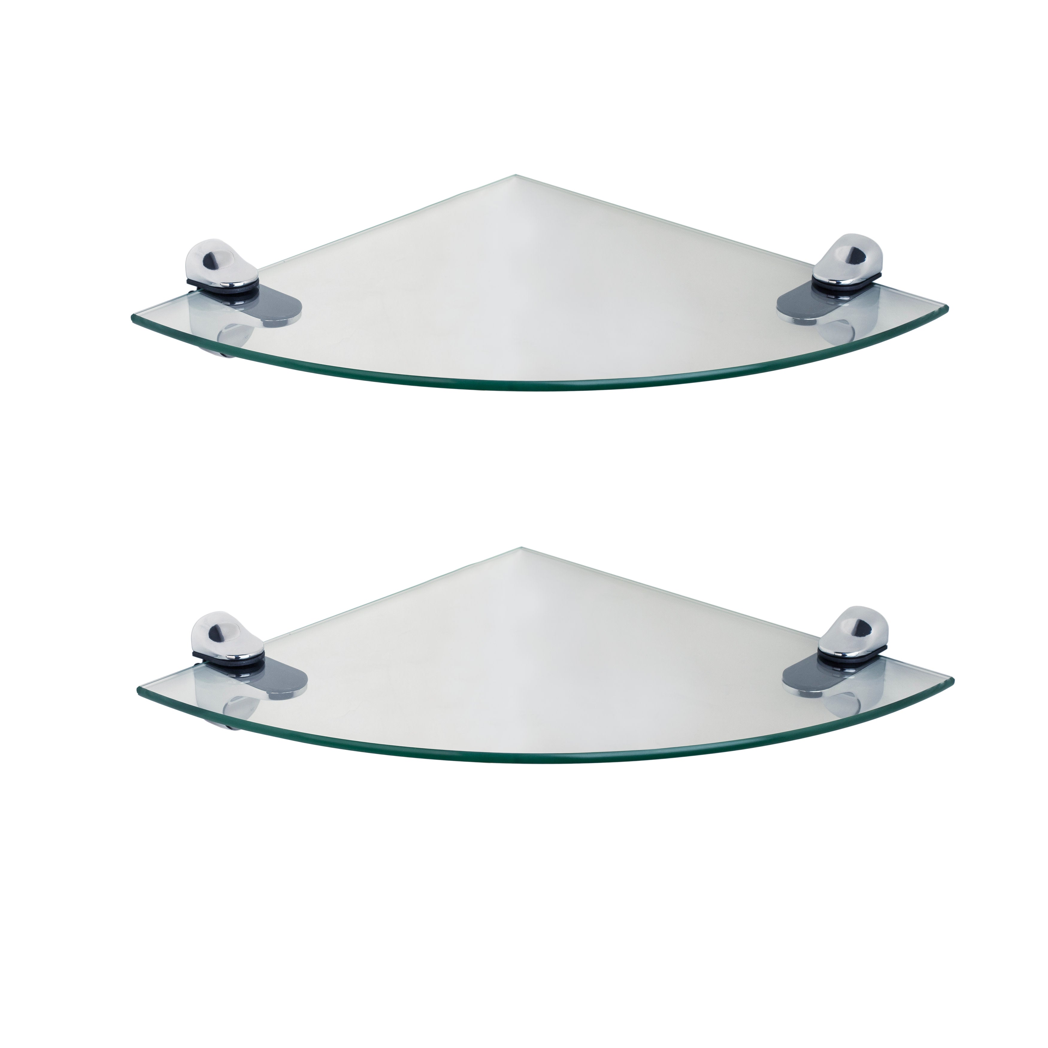 Set of 2 Clear Glass Radial Floating Shelves with Chrome Brackets 10 x 10