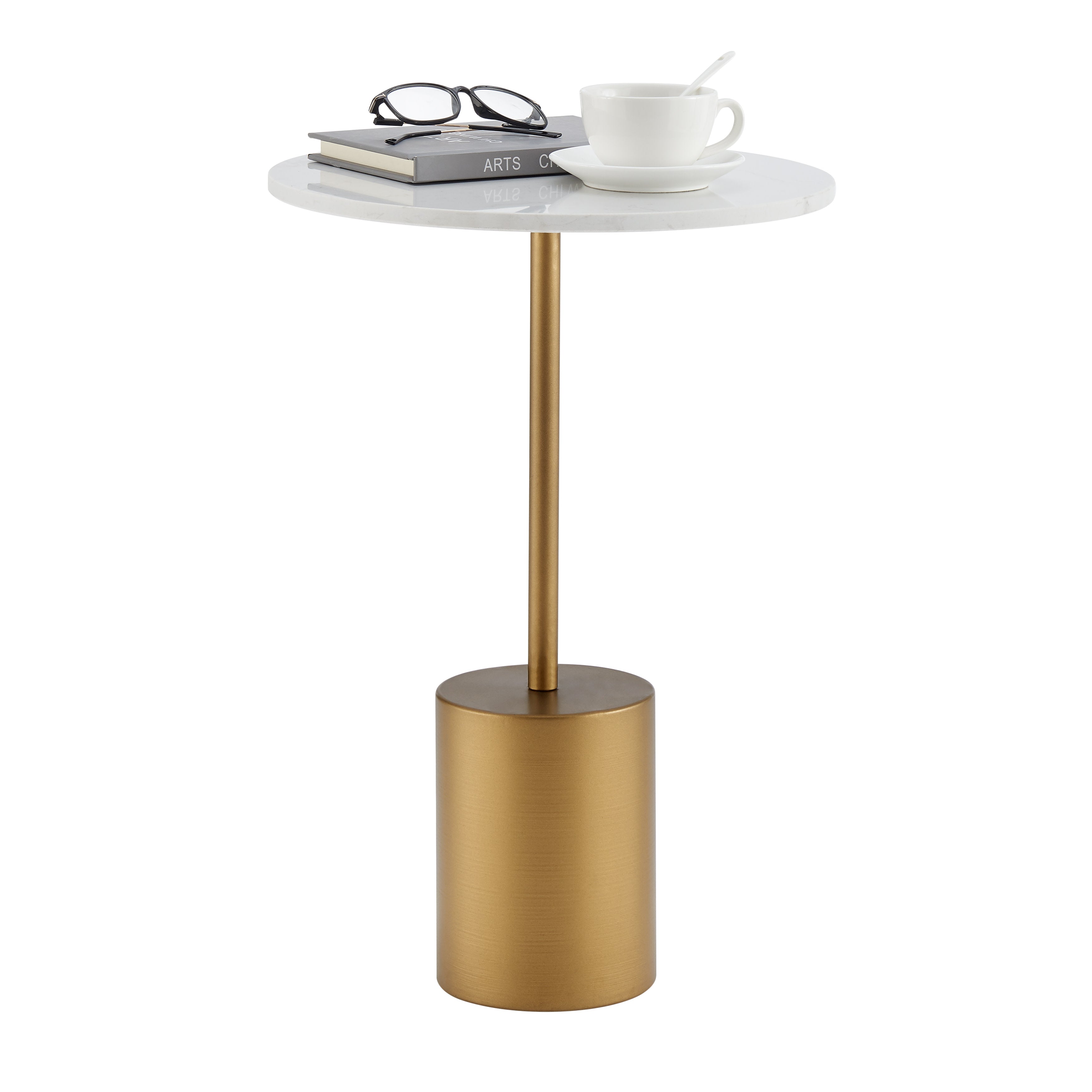 Fritz Midcentury Modern Pedestal Side Accent Table with Gold Metal Base and Genuine White Marble Stone Tabletop