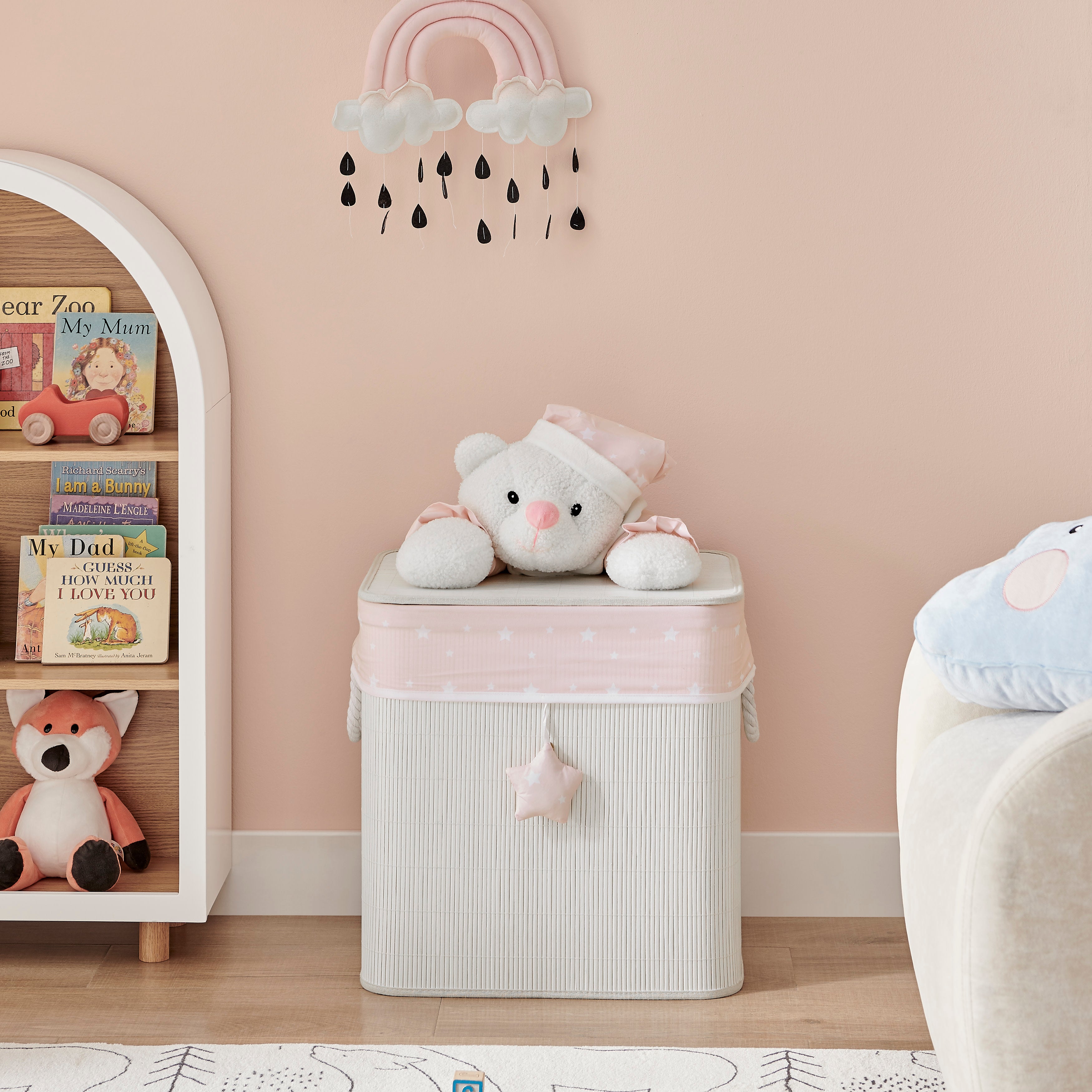 Pink/Cream Collapsible Folding Bamboo Kids Plush Laundry Hamper Toy Storage with Liner and Handles - Sleepy Teddy Bear