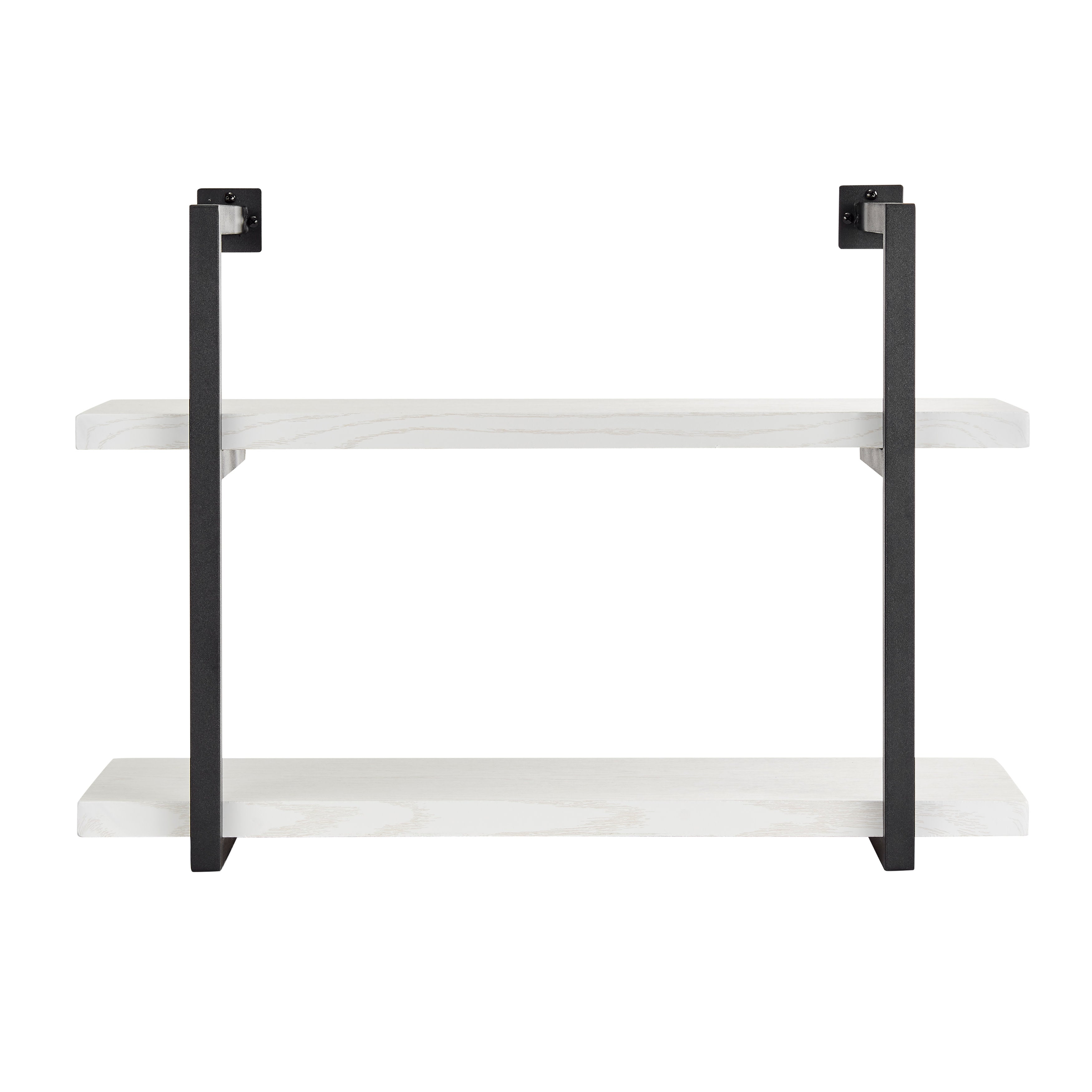 Modern 2-Tier Hanging Bracket Wall Shelves in Black Metal and White Birch Finish
