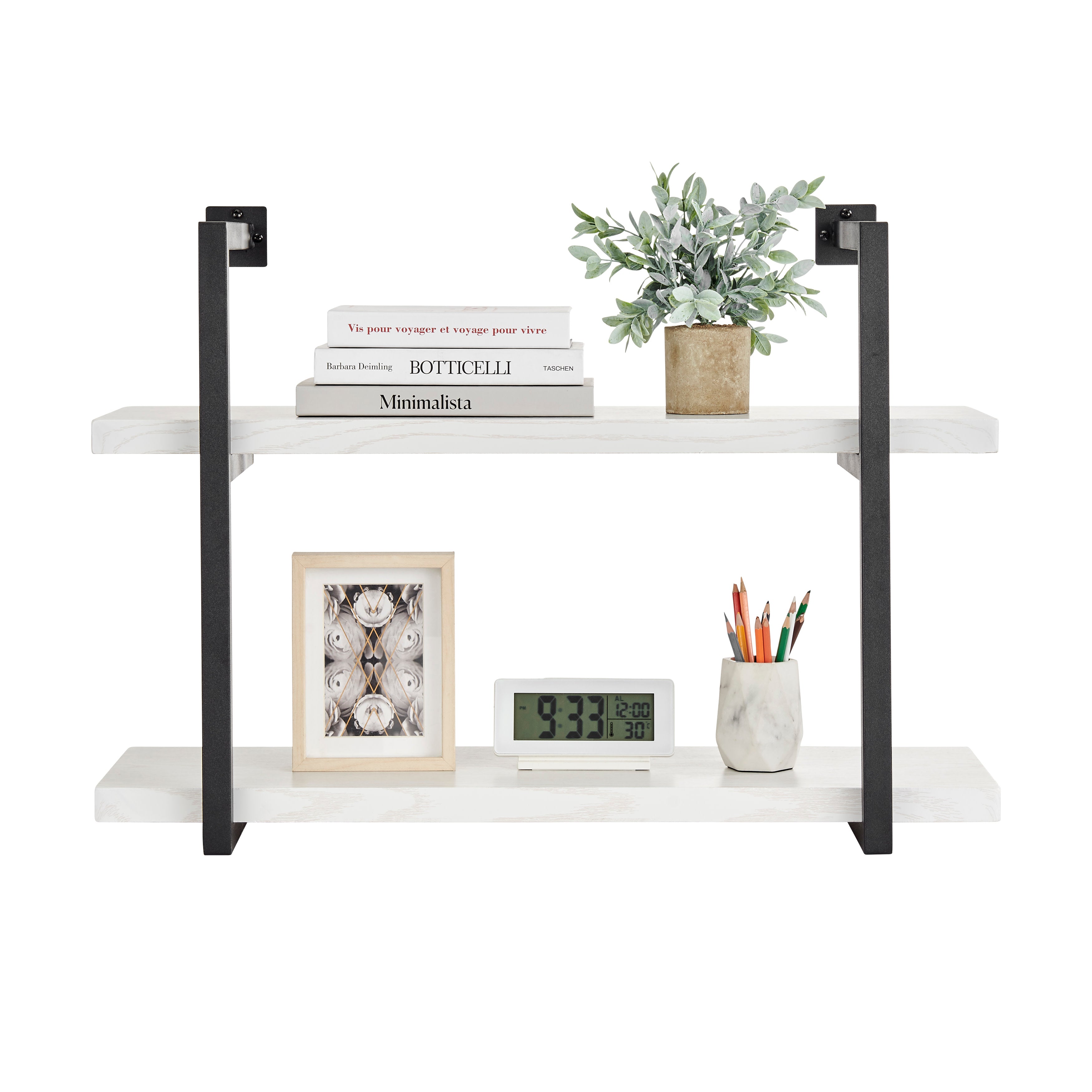 Modern 2-Tier Hanging Bracket Wall Shelves in Black Metal and White Birch Finish