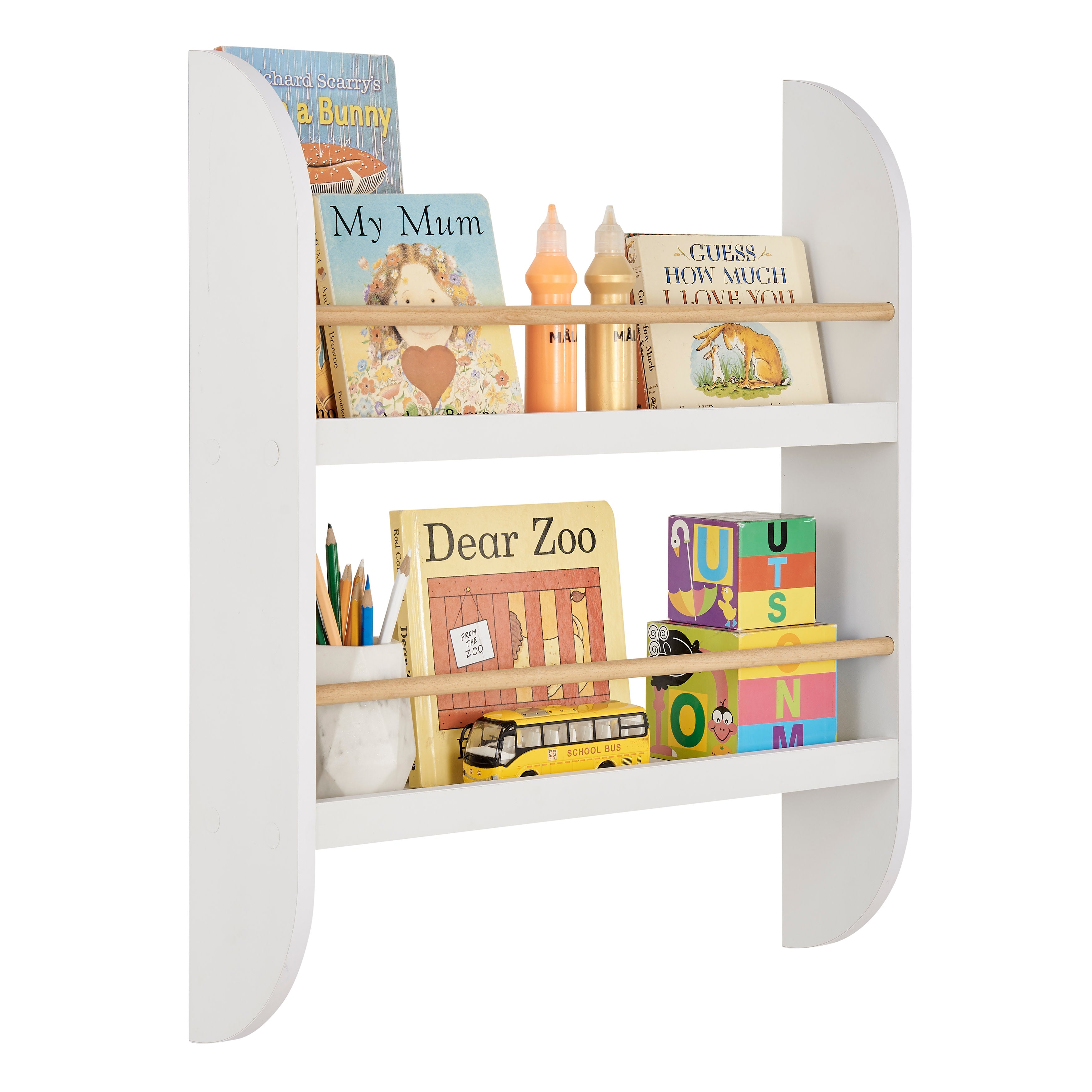 Steiner White Rounded Contemporary 2-Tier Kids Book or Magazine Storage Wall-Mount Bookcase with Contrasting Wood-toned Rods