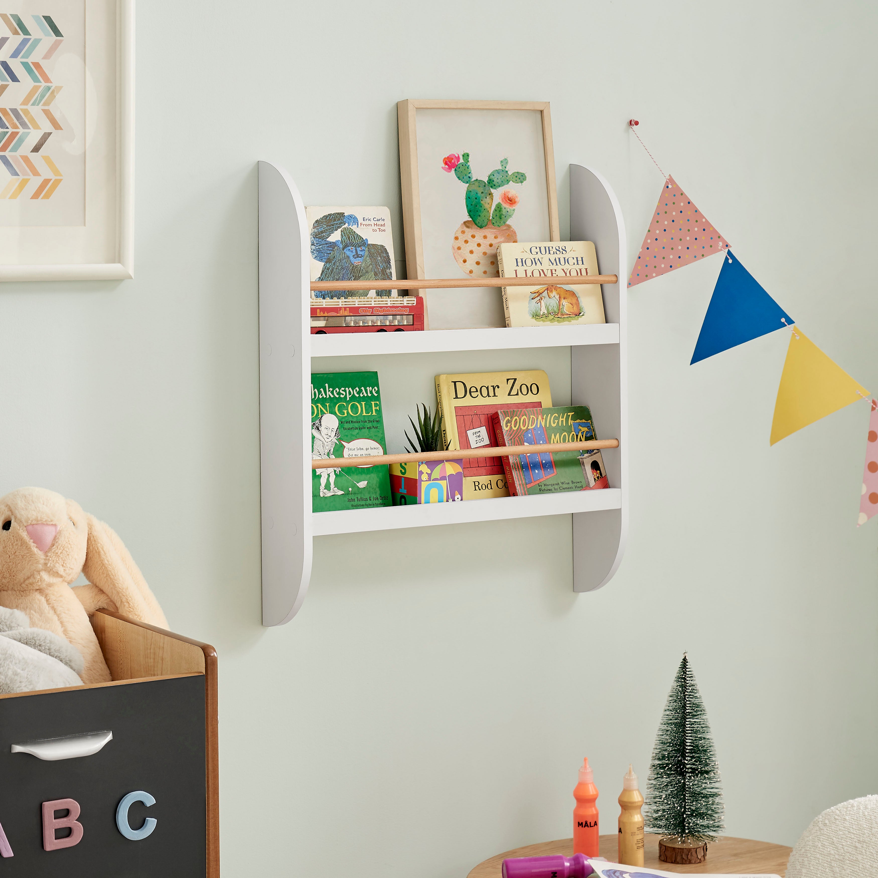 Steiner White Rounded Contemporary 2-Tier Kids Book or Magazine Storage Wall-Mount Bookcase with Contrasting Wood-toned Rods