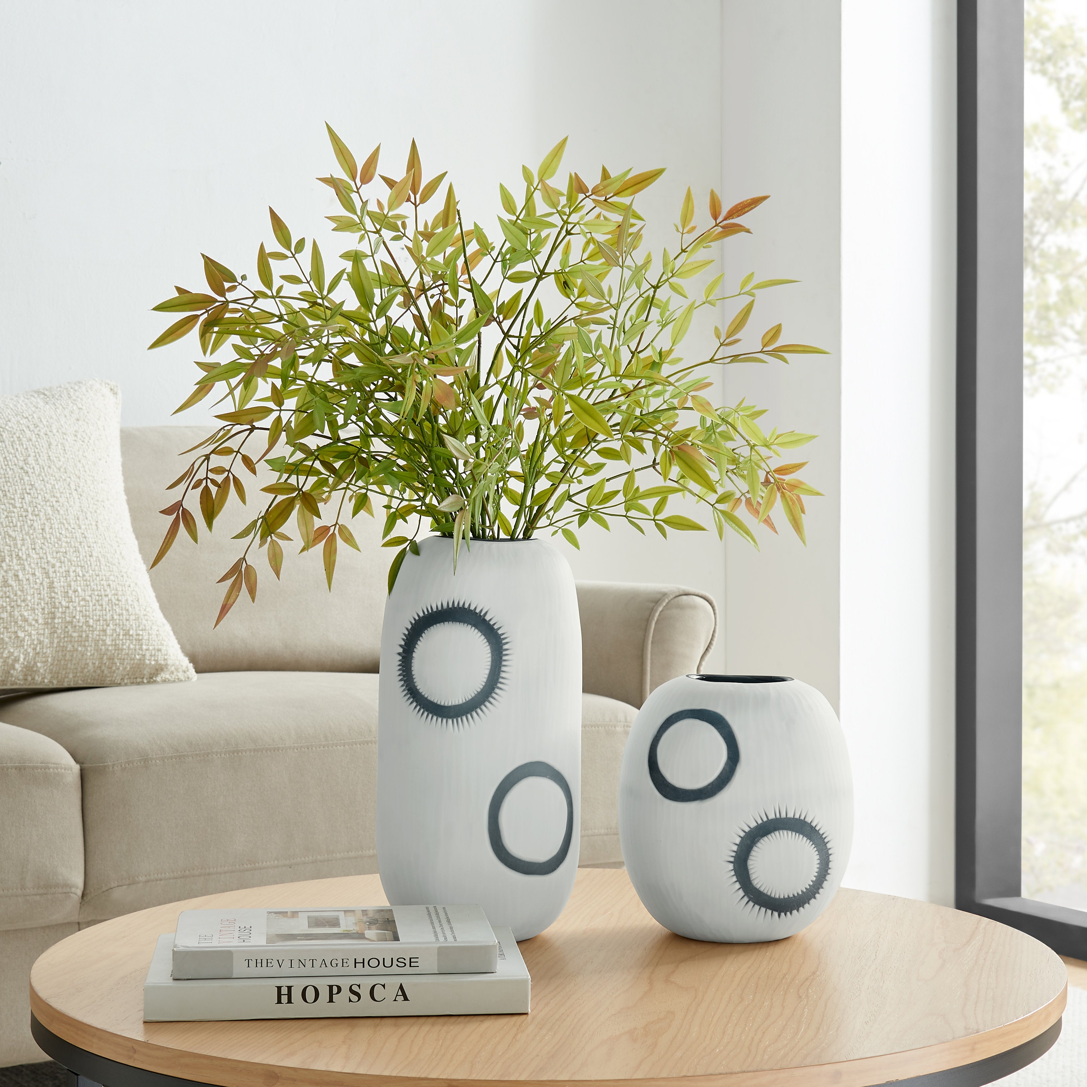 Elara Round Contemporary Matte White and Navy Oval Opening Glass Tabletop Vase