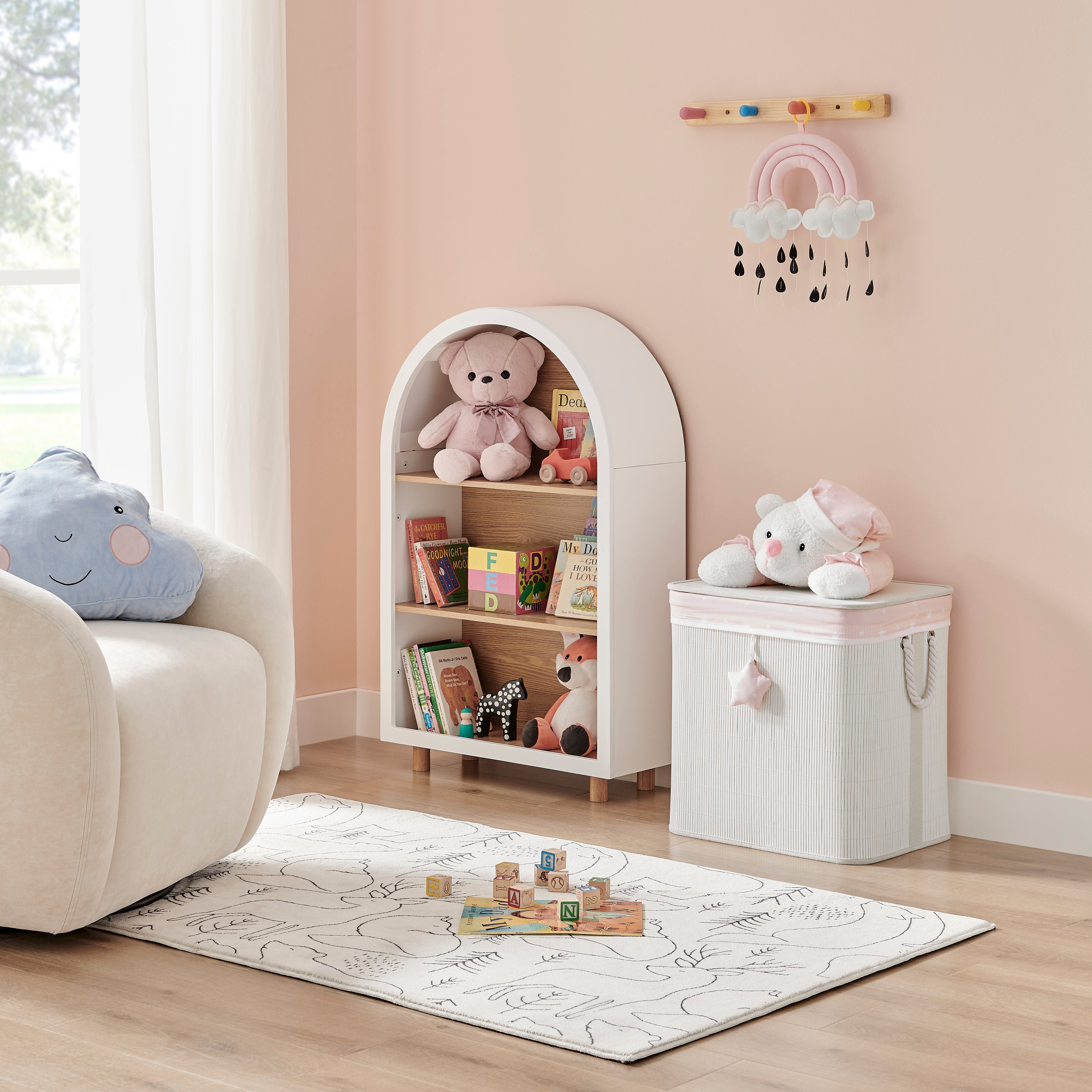 Pink/Cream Collapsible Folding Bamboo Kids Plush Laundry Hamper Toy Storage with Liner and Handles - Sleepy Teddy Bear