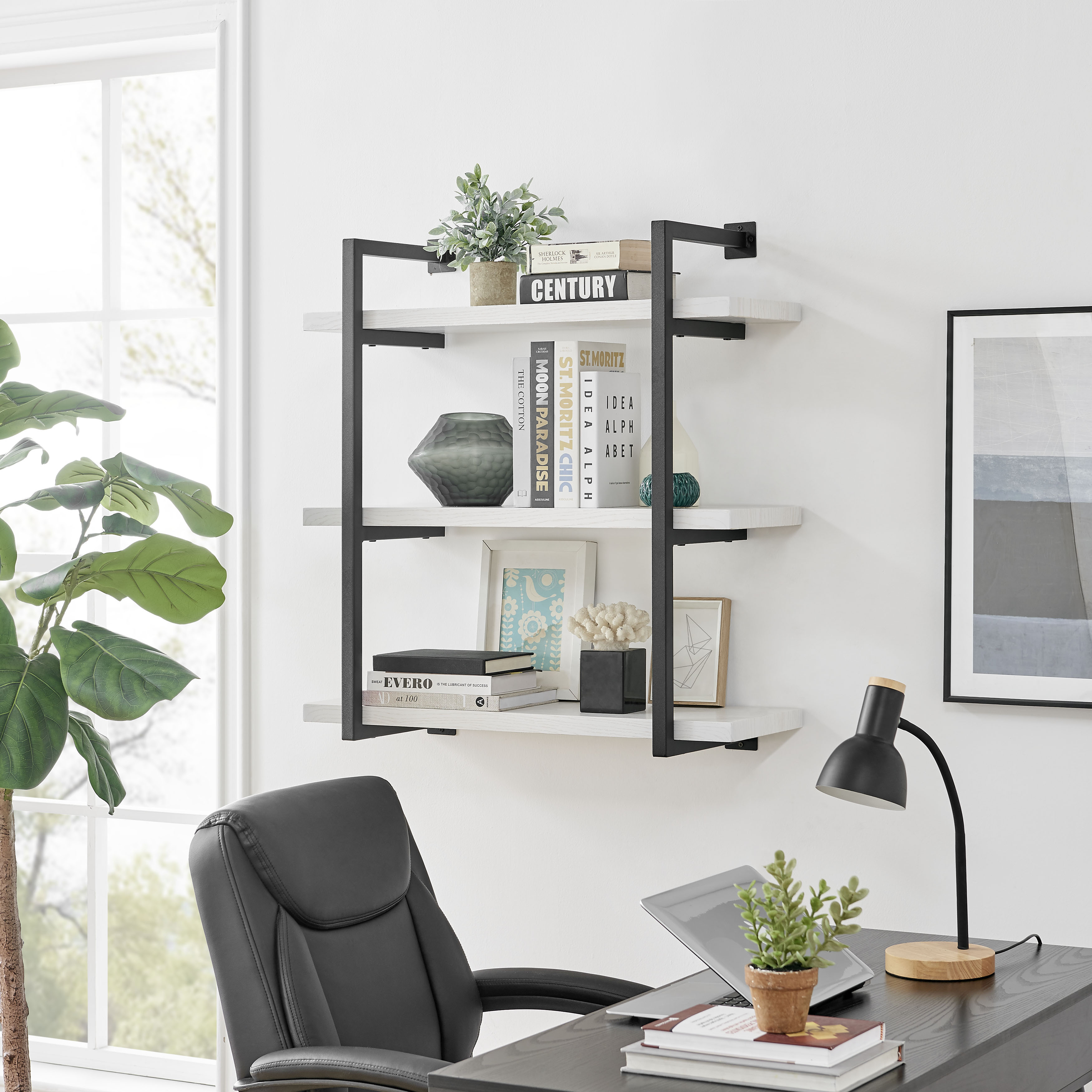 Modern 3-Tier Hanging Bracket Wall Shelves in Black Metal and White Birch Finish