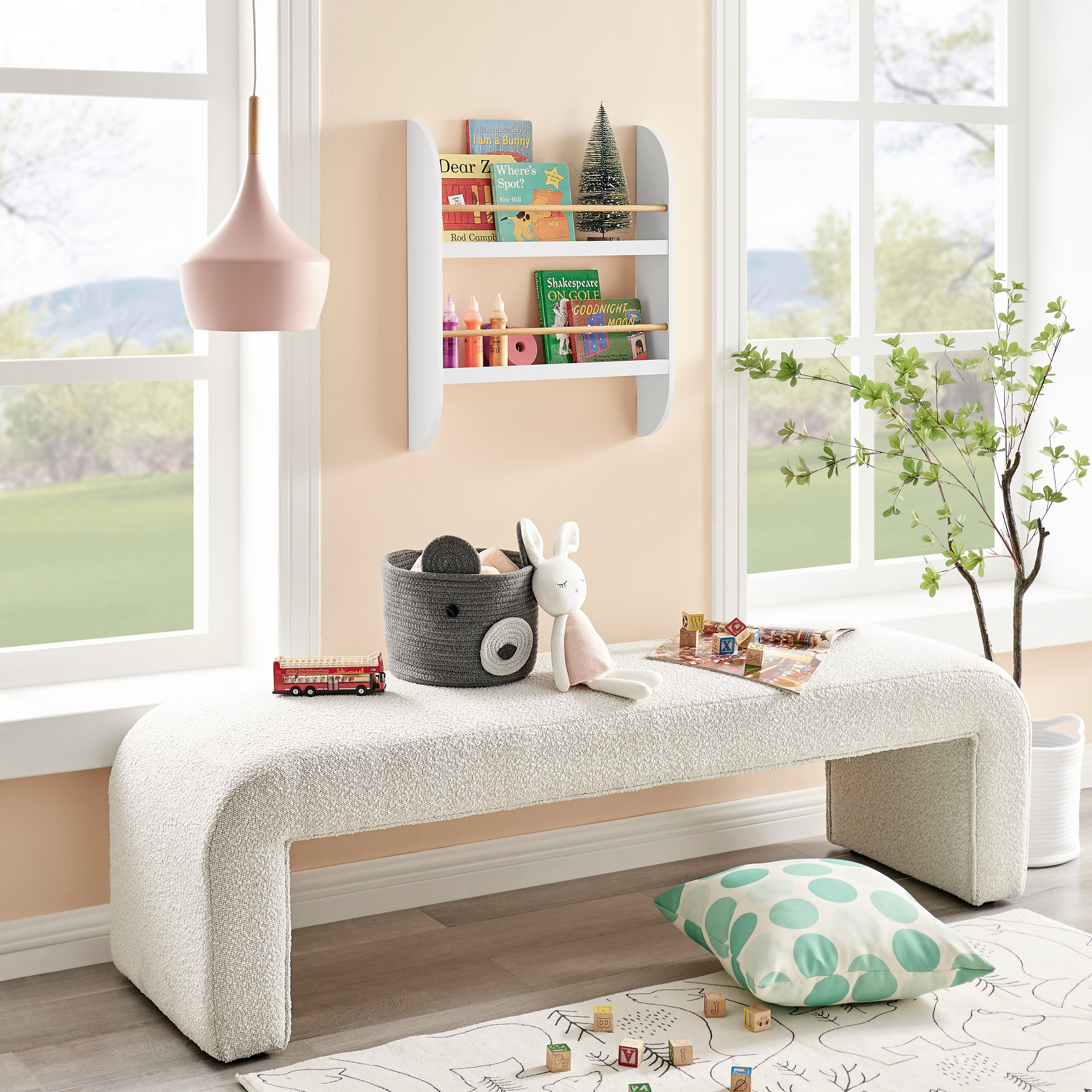 Steiner White Rounded Contemporary 2-Tier Kids Book or Magazine Storage Wall-Mount Bookcase with Contrasting Wood-toned Rods