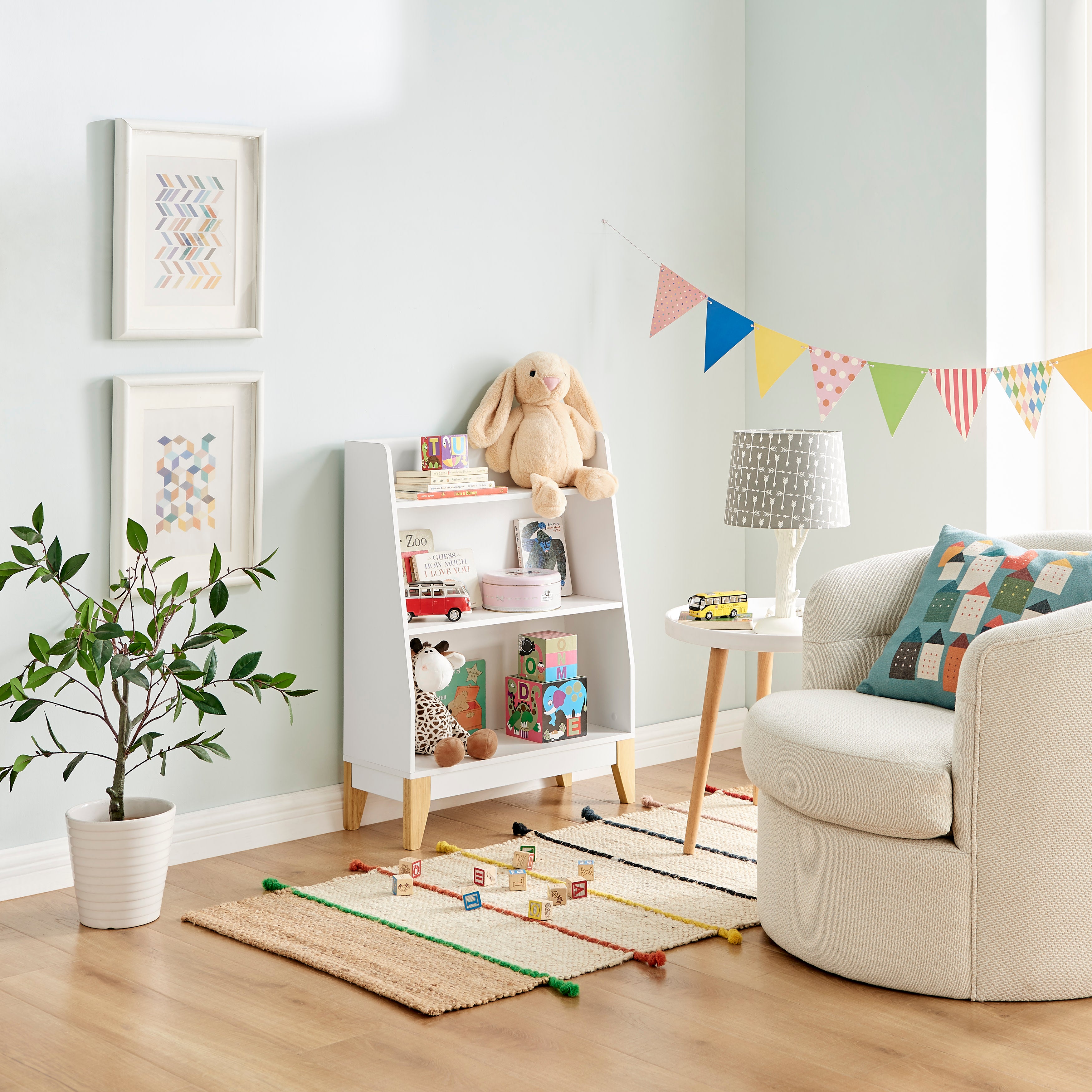 Steiner White 3-Tier Kids Book or Toy Figure Display Unit Freestanding Bookshelf with Contrasting Wood-Toned Legs