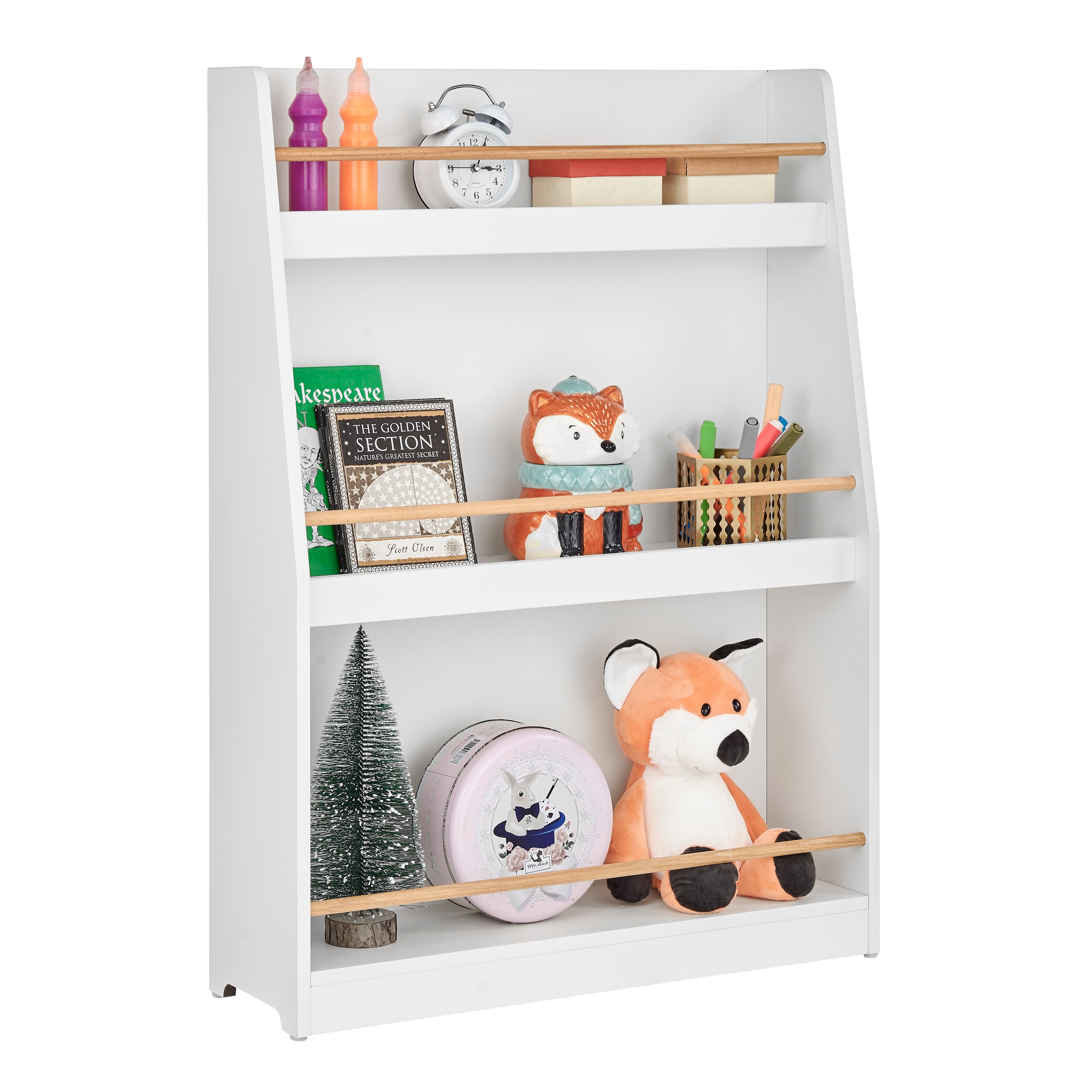 Steiner White 3-Tier Kids Book or Magazine Storage Freestanding Bookcase with Contrasting Wood-Toned Rods