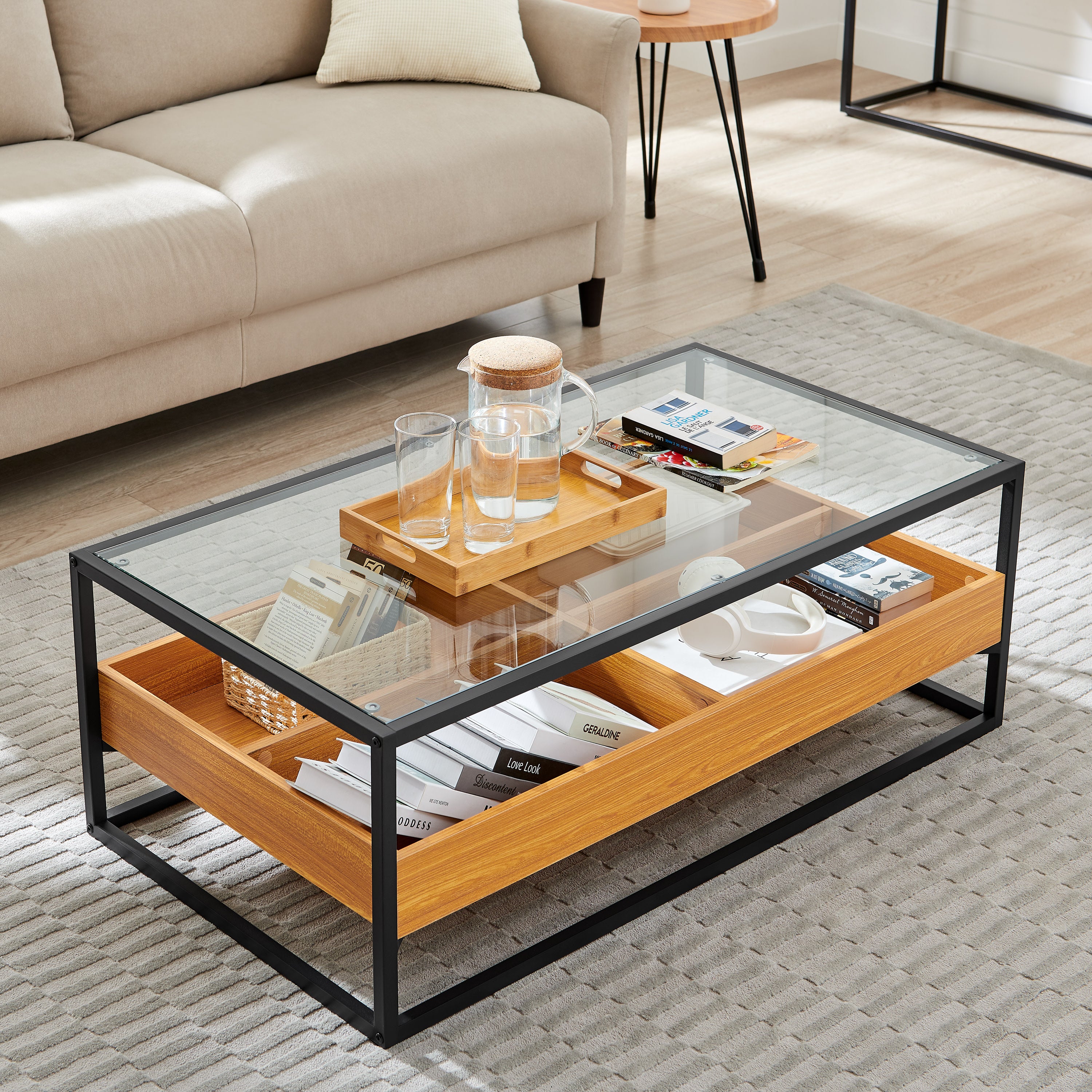 Saarinen Two-Level Modern Sunken Glass Display Shelf Rectangle Low Coffee Table