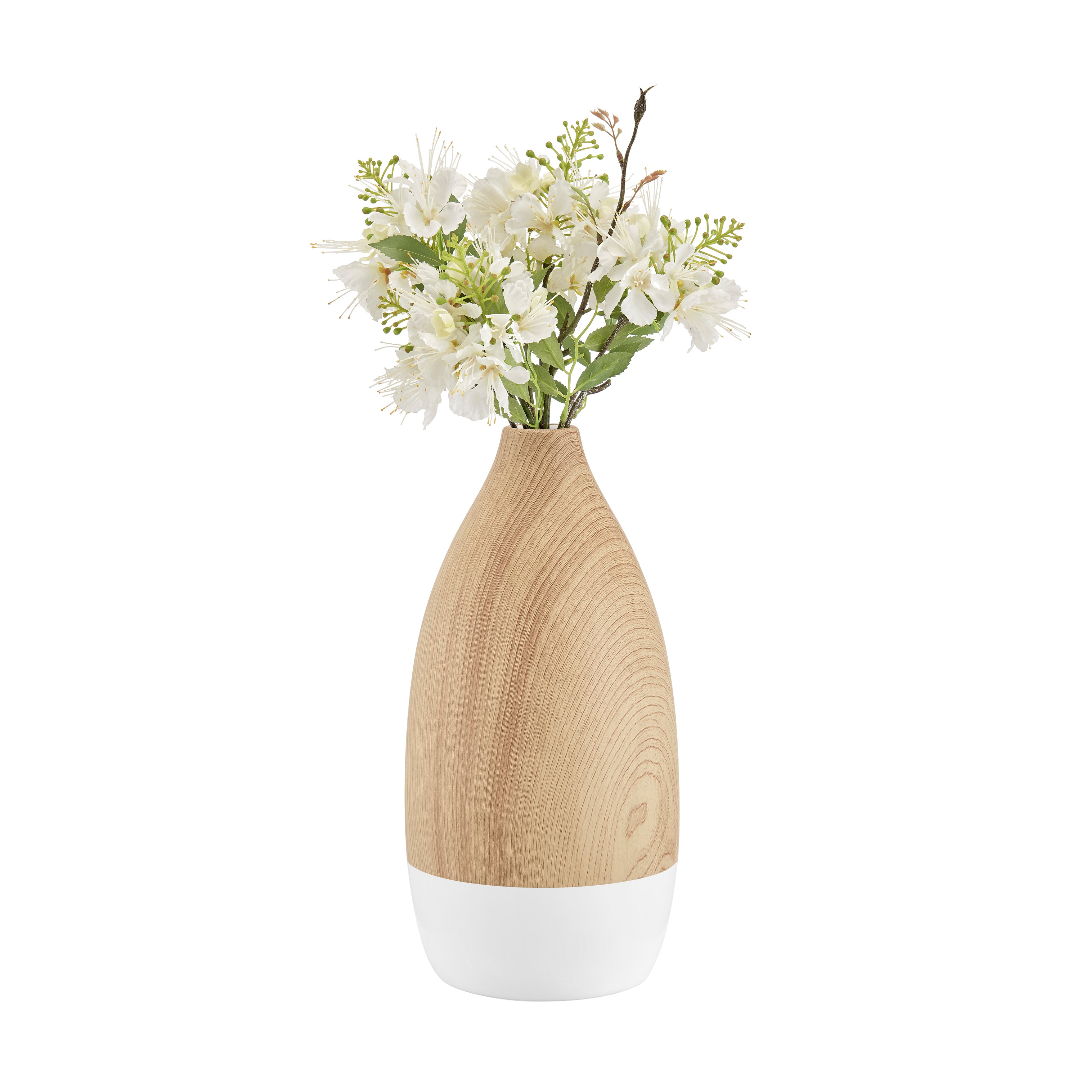 Nora Flask Teardrop Contemporary Two Tone Tabletop Vase - White and Beech