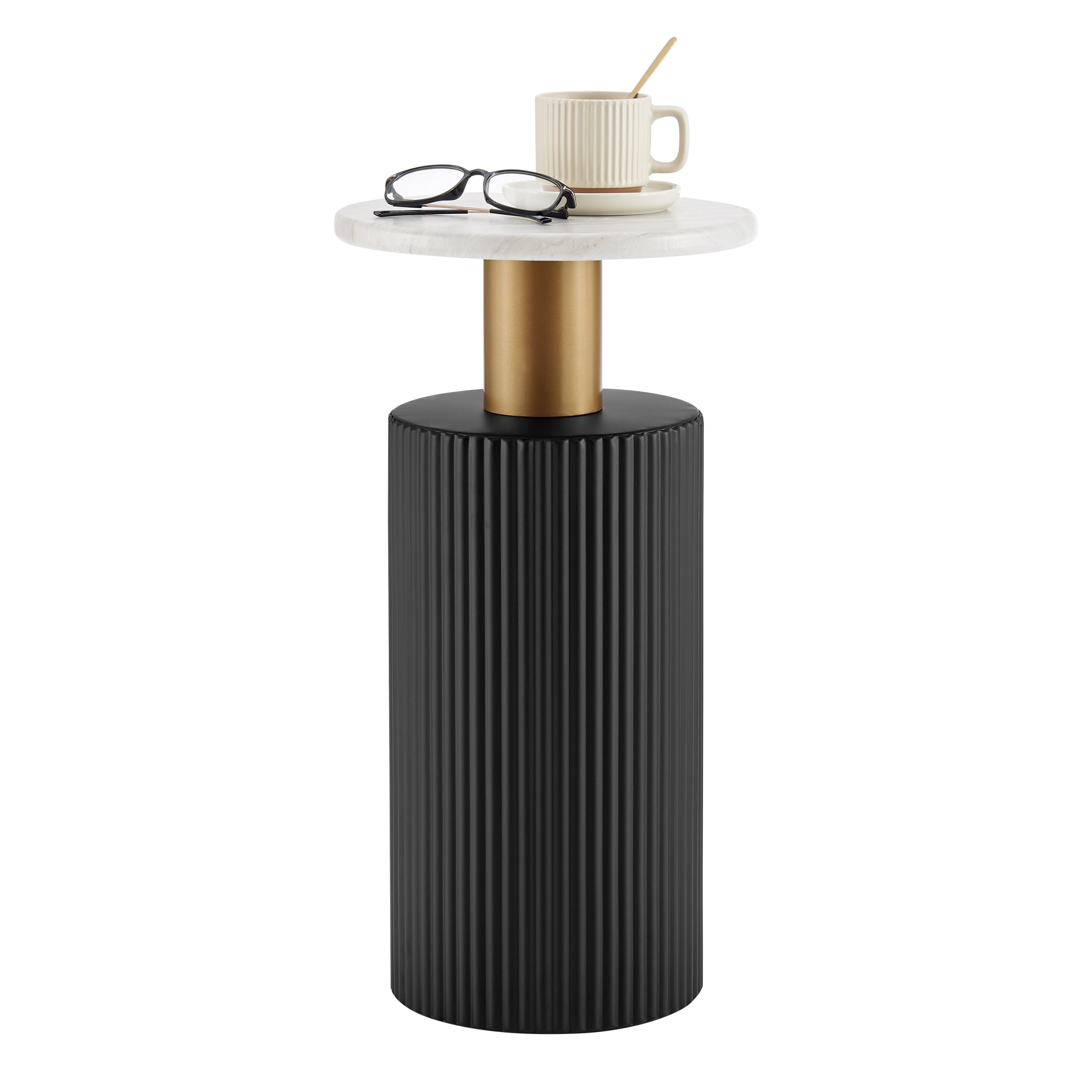 Fritz Midcentury Modern Column Side Accent Table with Textured Black Base Gold Metal Column Accents and Faux Marble Laminate Tabletop