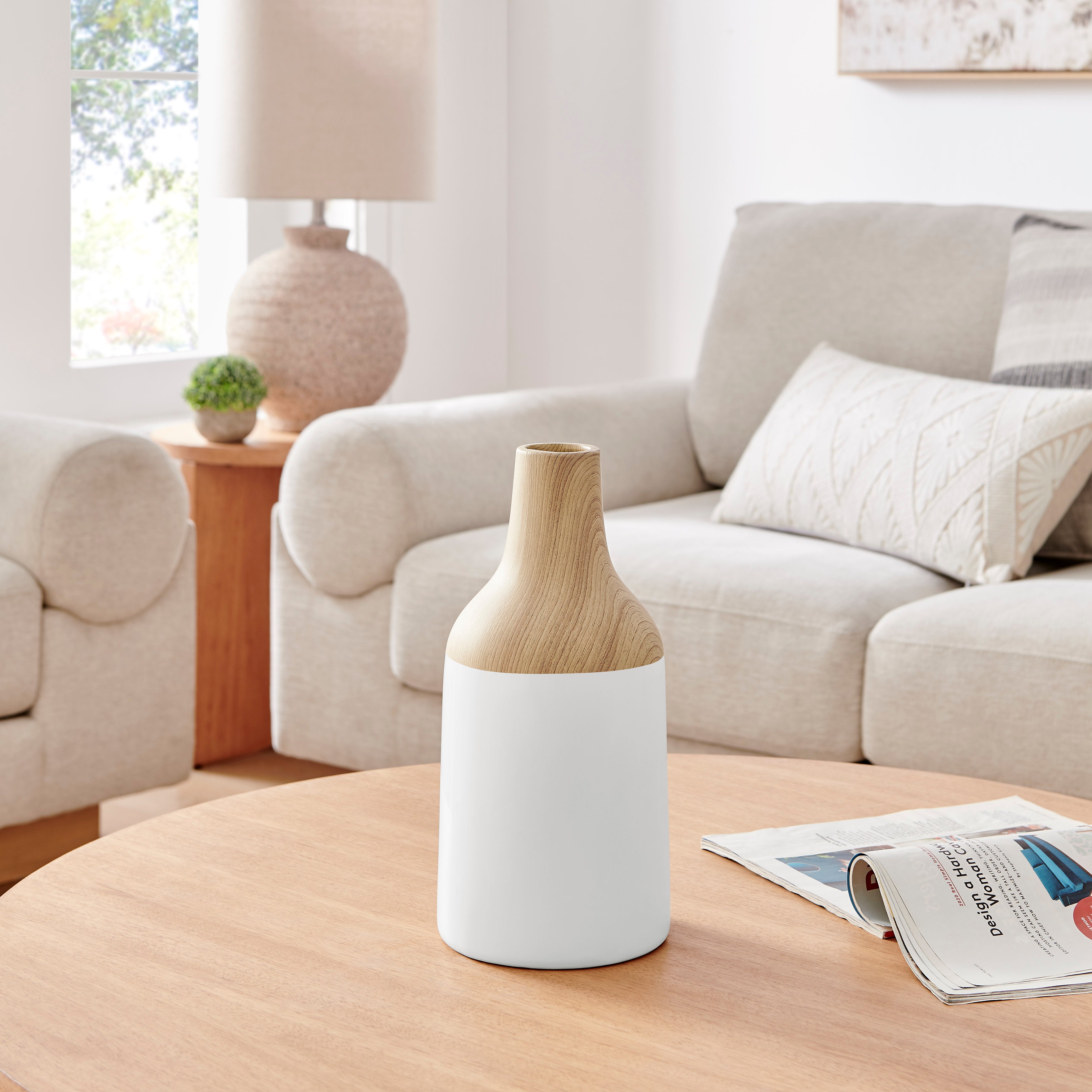 Nora Kanna Bottle Contemporary Two Tone Tabletop Vase - White and Beech