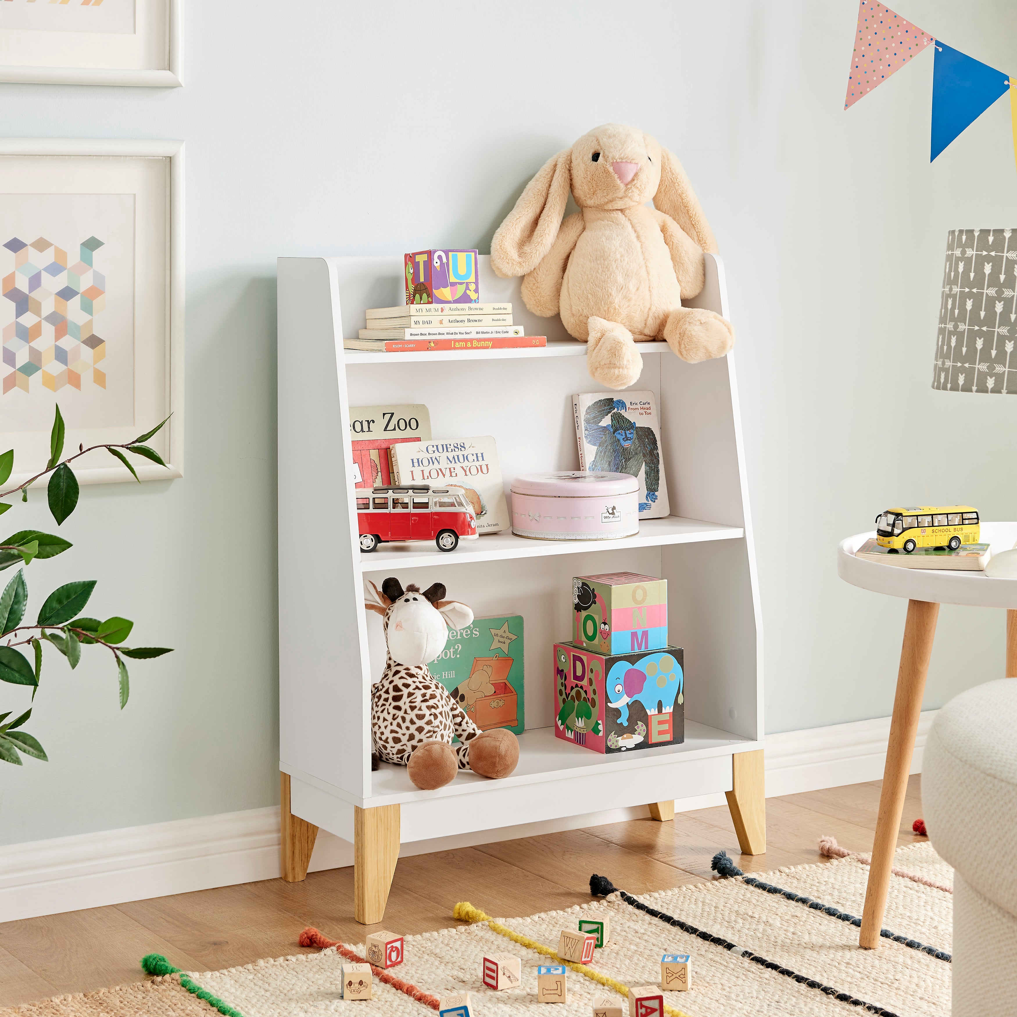 Steiner White 3-Tier Kids Book or Toy Figure Display Unit Freestanding Bookshelf with Contrasting Wood-Toned Legs