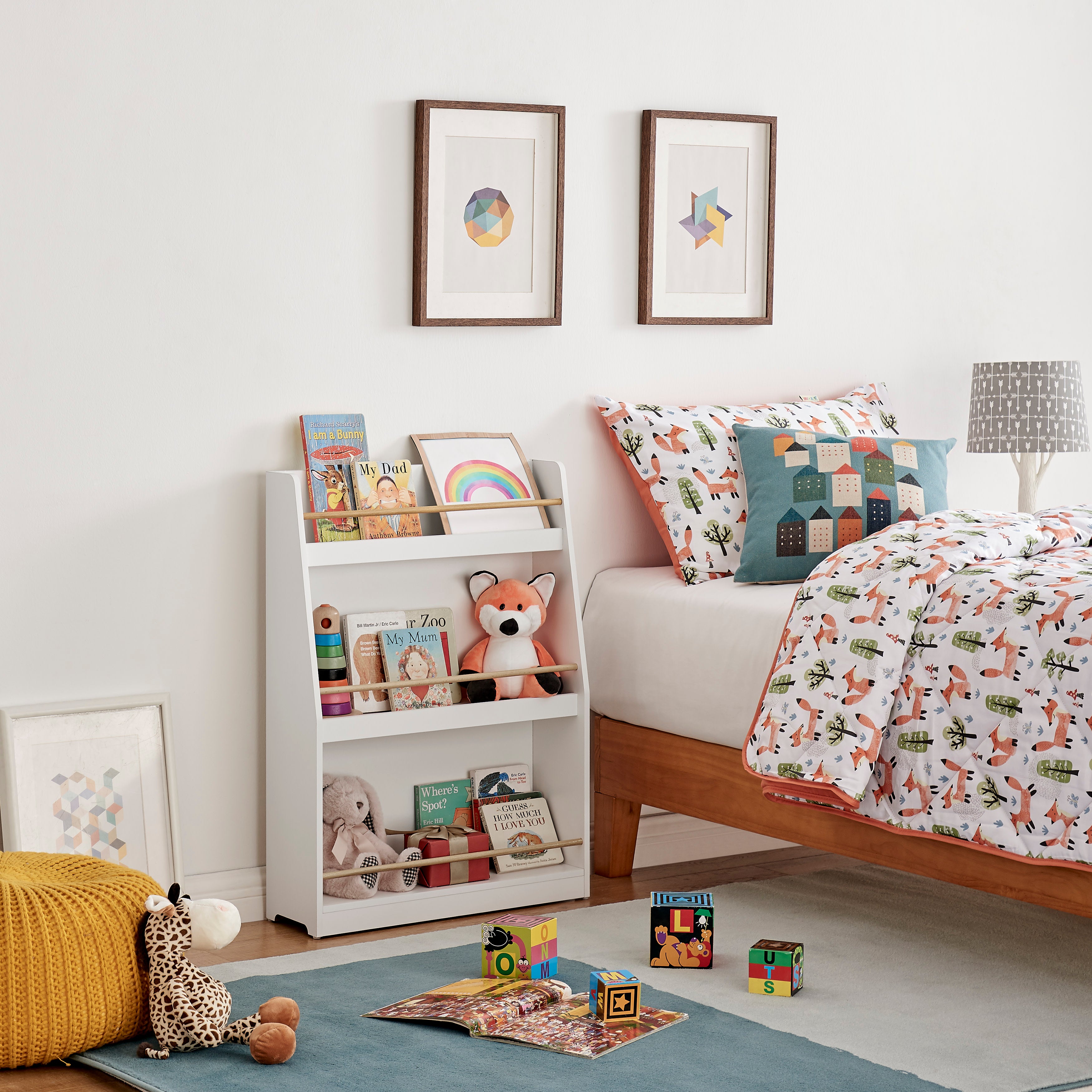 Steiner White 3-Tier Kids Book or Magazine Storage Freestanding Bookcase with Contrasting Wood-Toned Rods