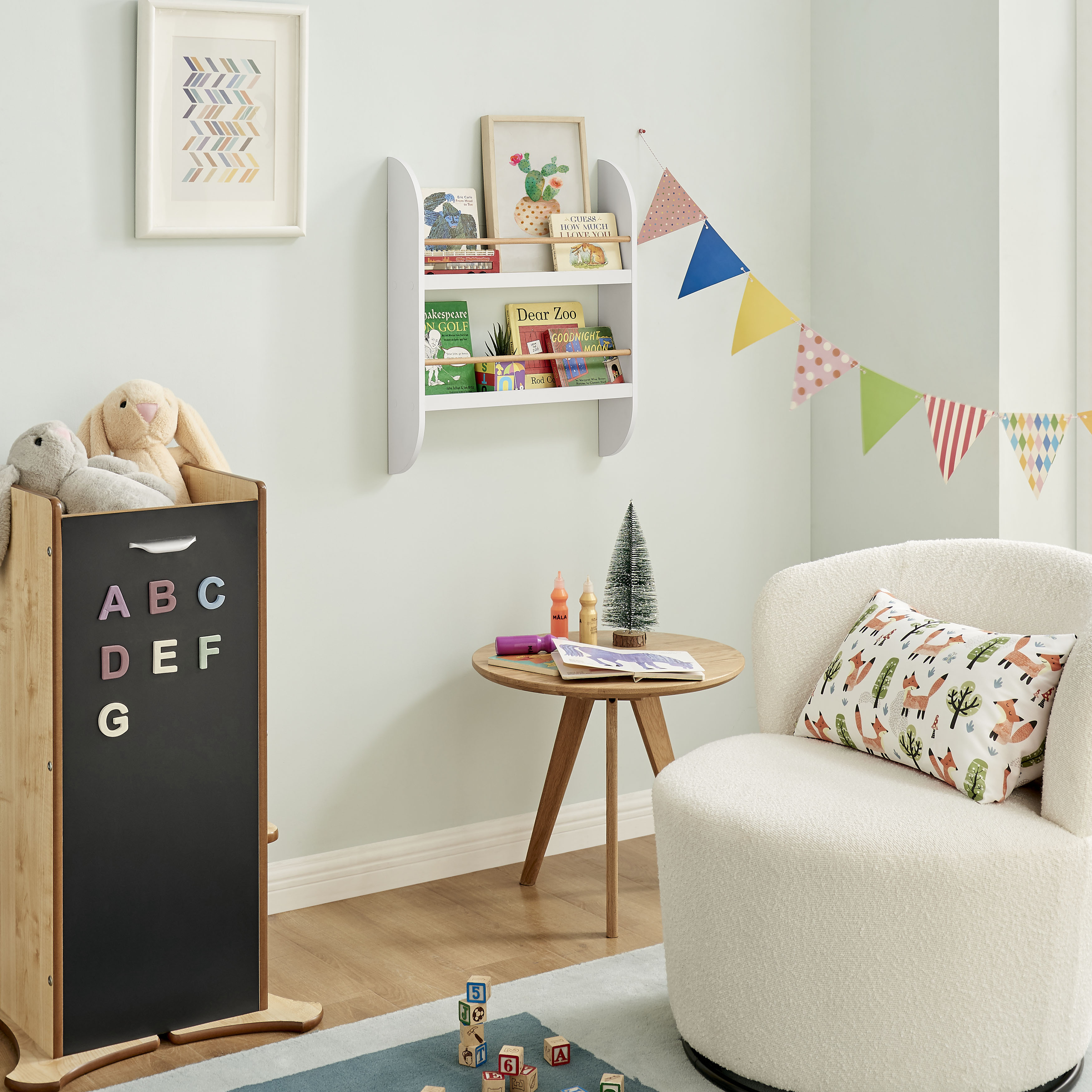 Steiner White Rounded Contemporary 2-Tier Kids Book or Magazine Storage Wall-Mount Bookcase with Contrasting Wood-toned Rods