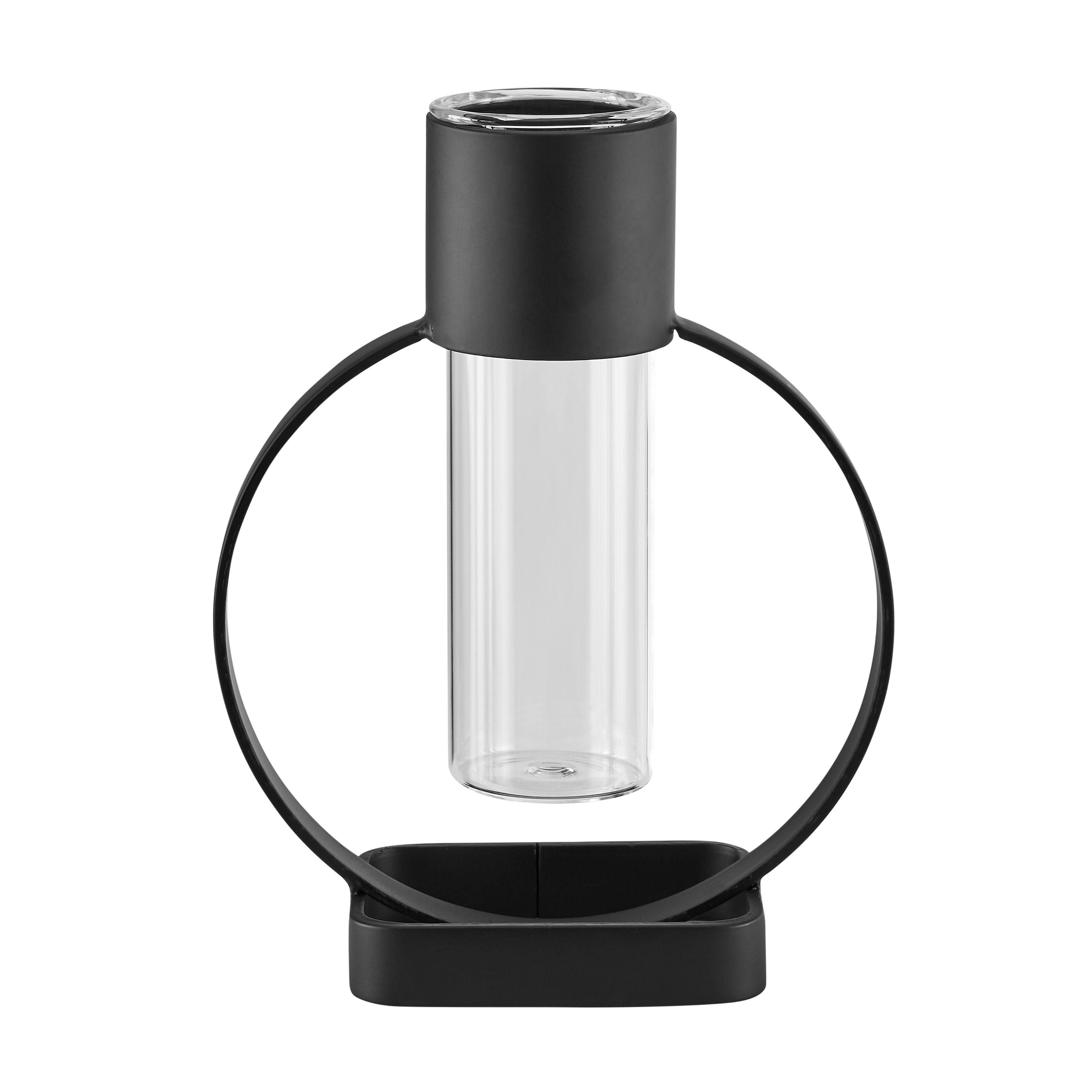 Jacob Modern Black Metal Open Circle Pedestal Clear Glass Tabletop Vase