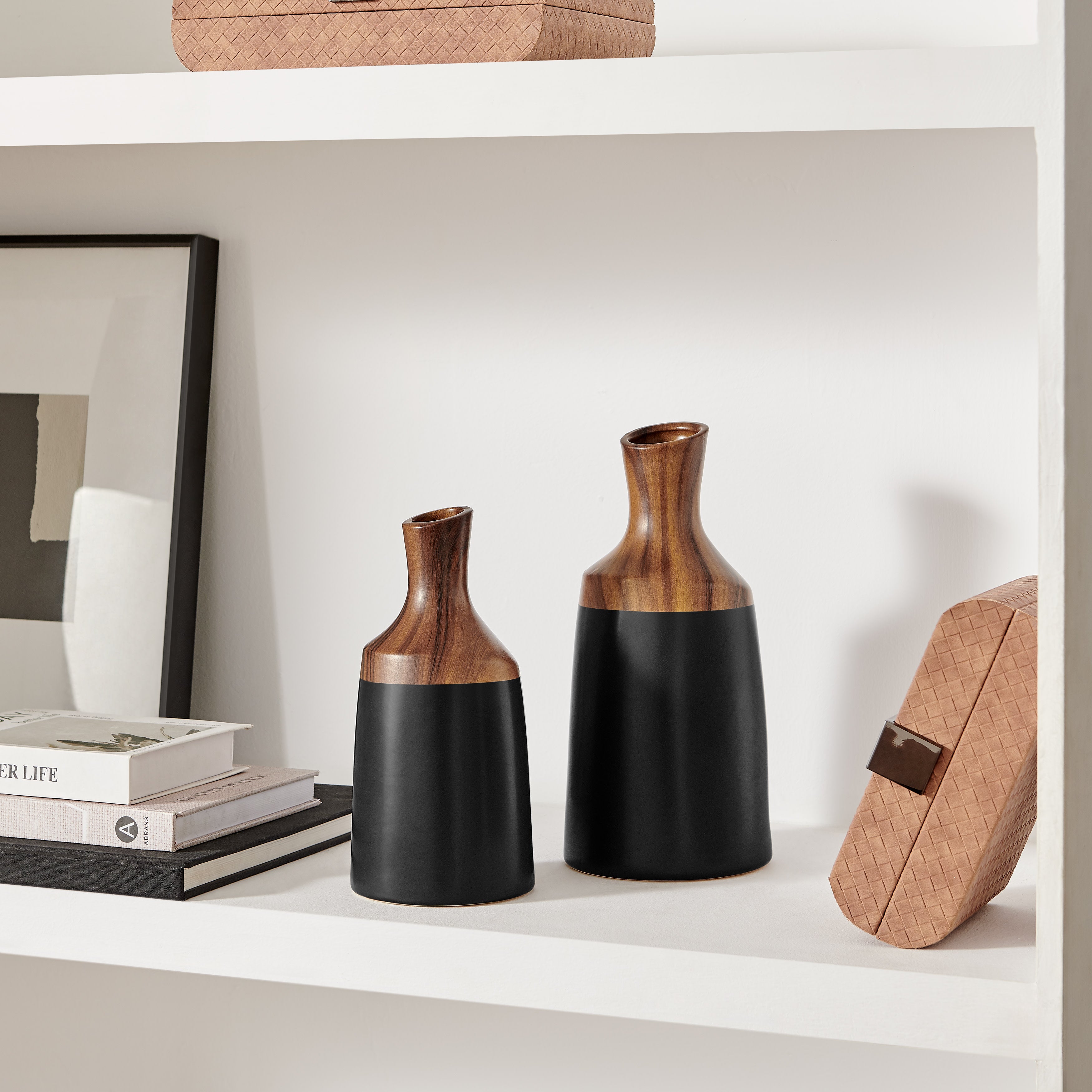 Milo Kande Carafe Modern Two Tone Tabletop Vase - Black and Walnut