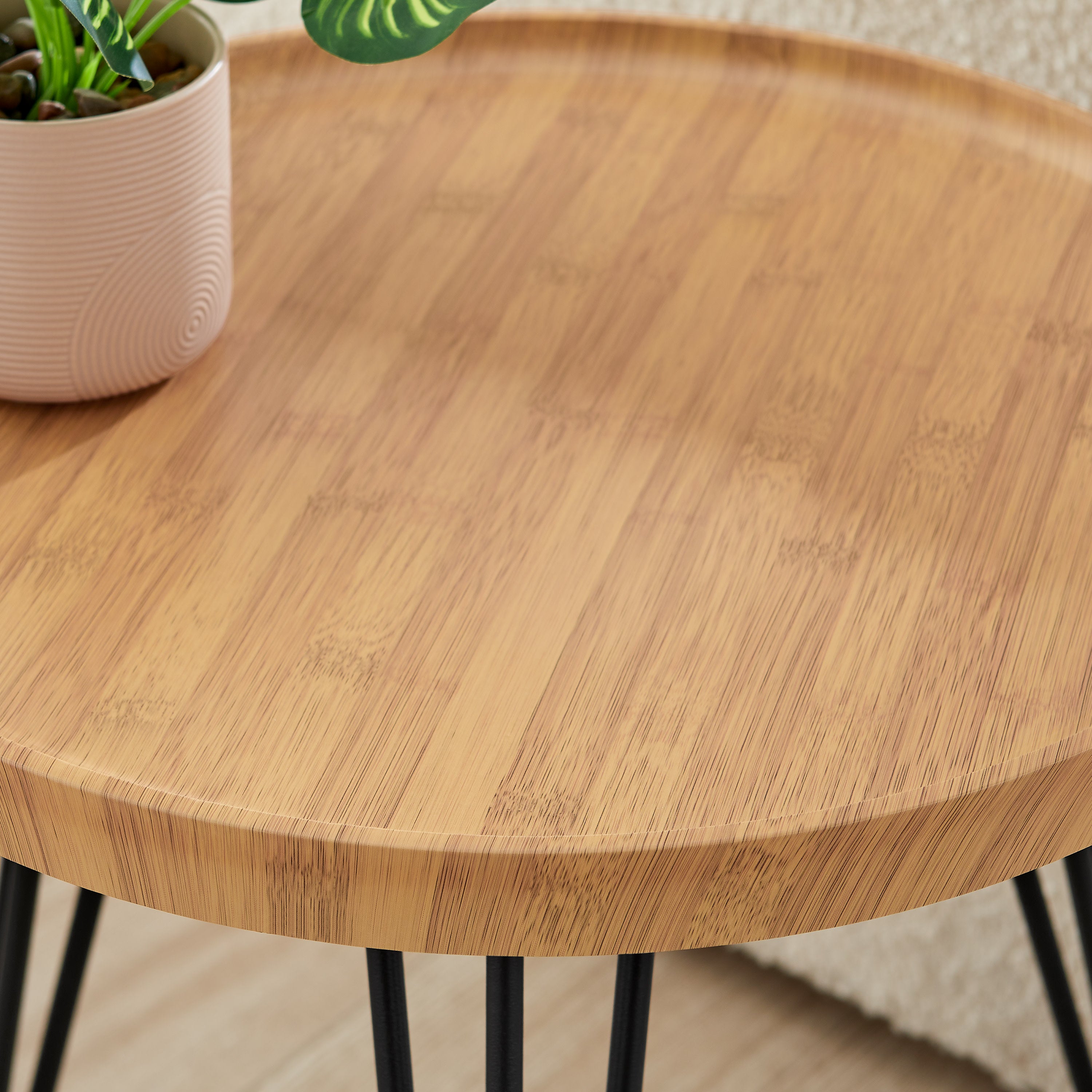 Tadao Raised Lip Edge Side Table with Modern Black Metal Hairpin Legs - Round