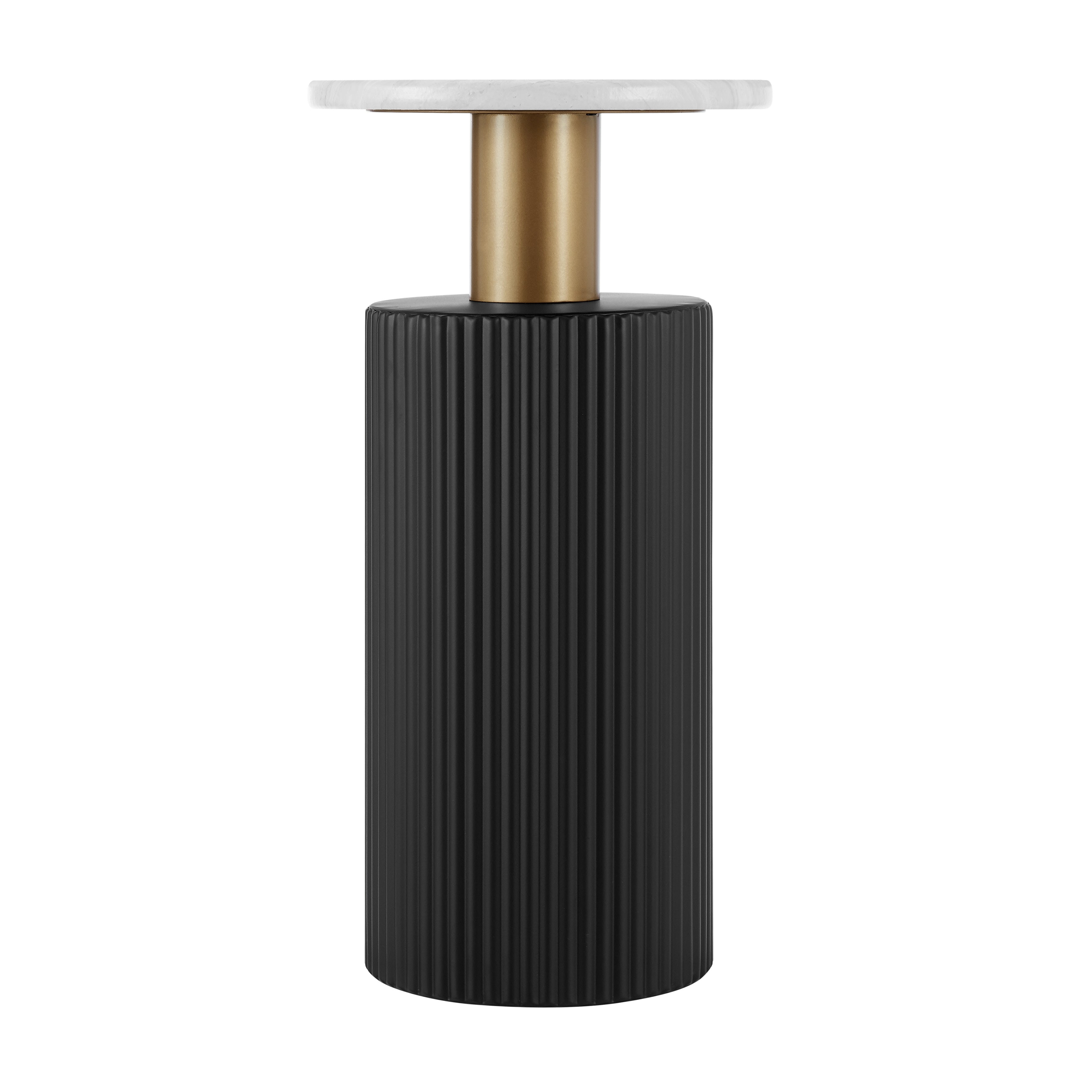 Fritz Midcentury Modern Column Side Accent Table with Textured Black Base Gold Metal Column Accents and Faux Marble Laminate Tabletop