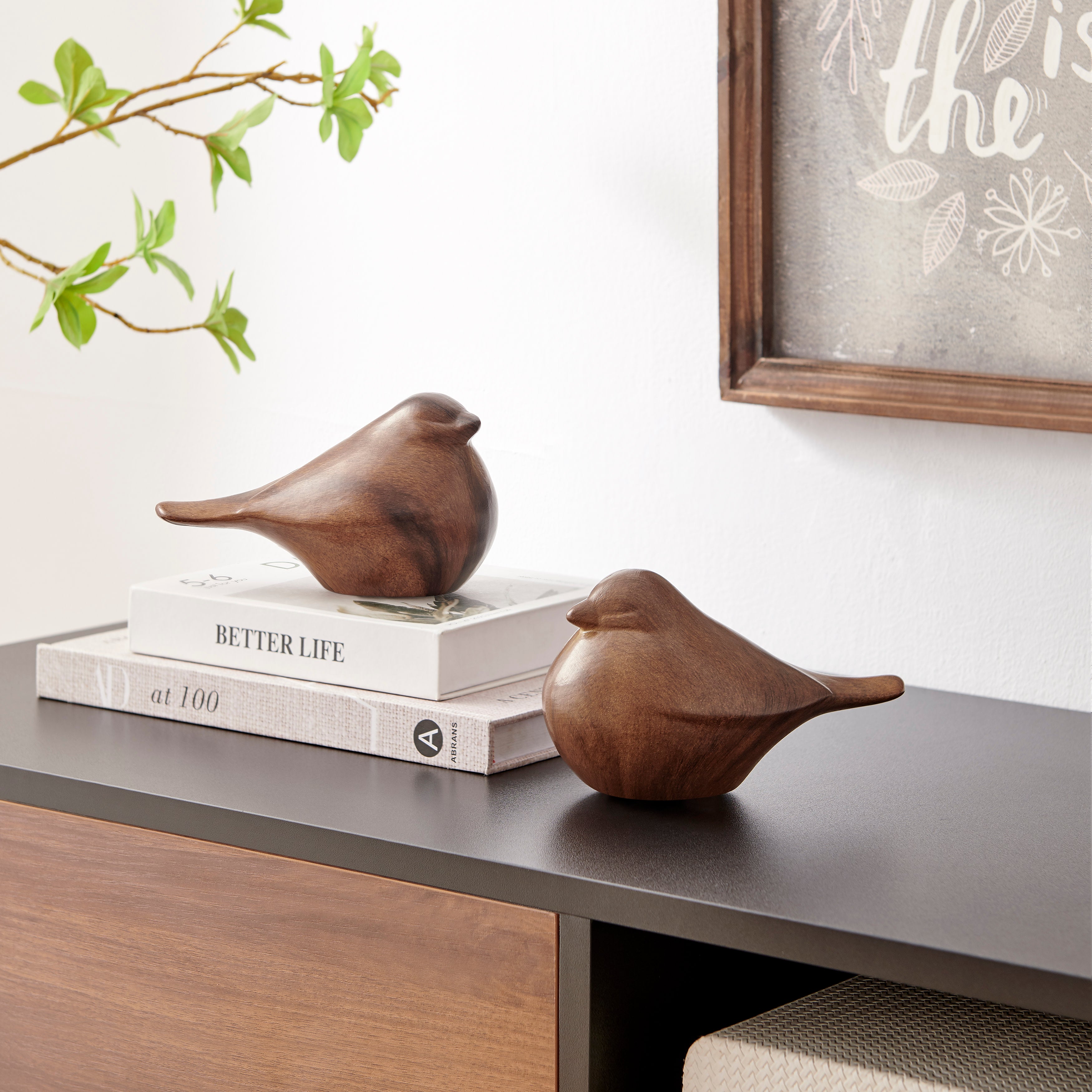 Sanger Set of 2 Modern Abstract Walnut Finish Tabletop Bird Sculpture Figures