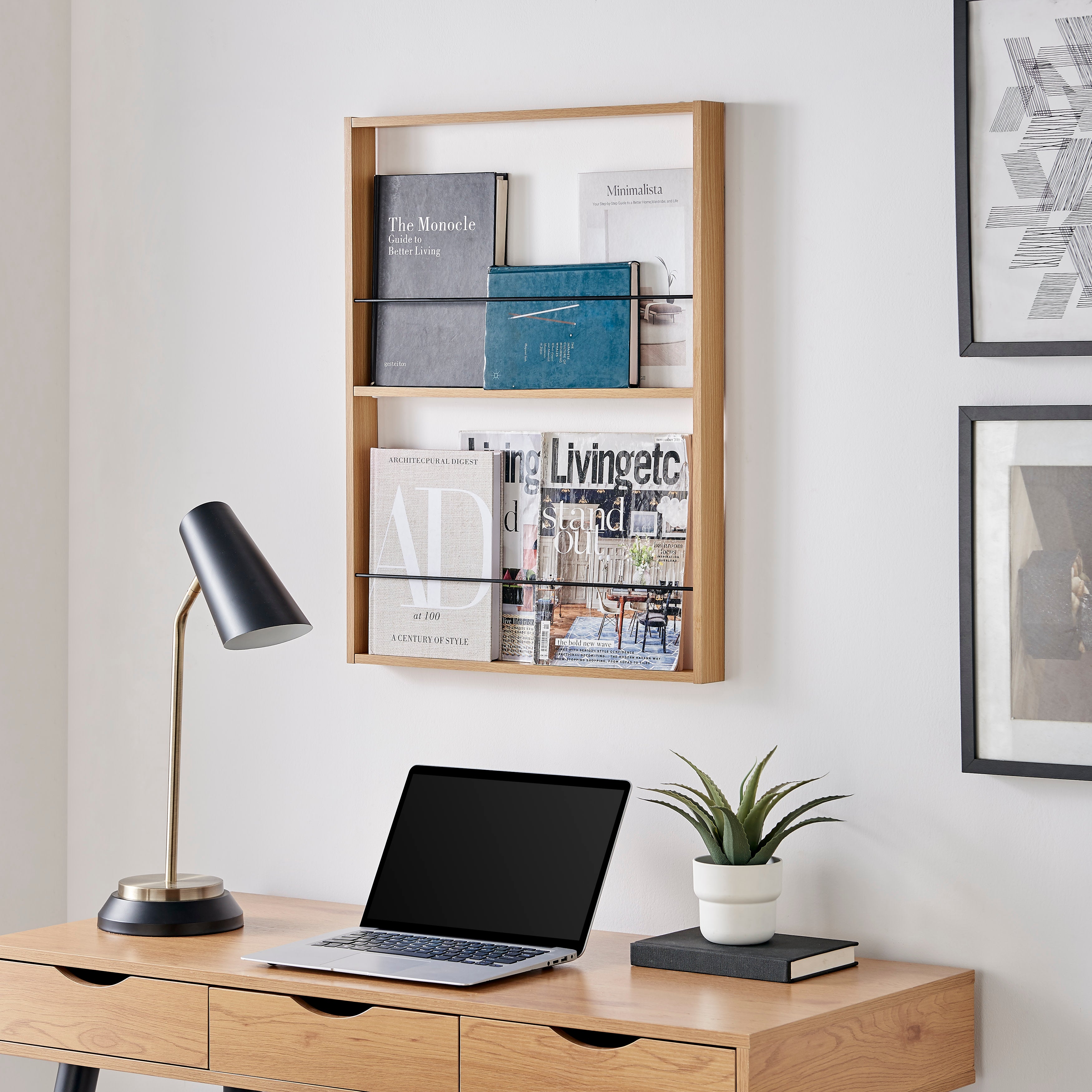 Steiner Beech Square Modern 2-Tier Kids Book or Toy Figure Display Unit Wall Mounted Bookshelf with Contrasting Black Rods