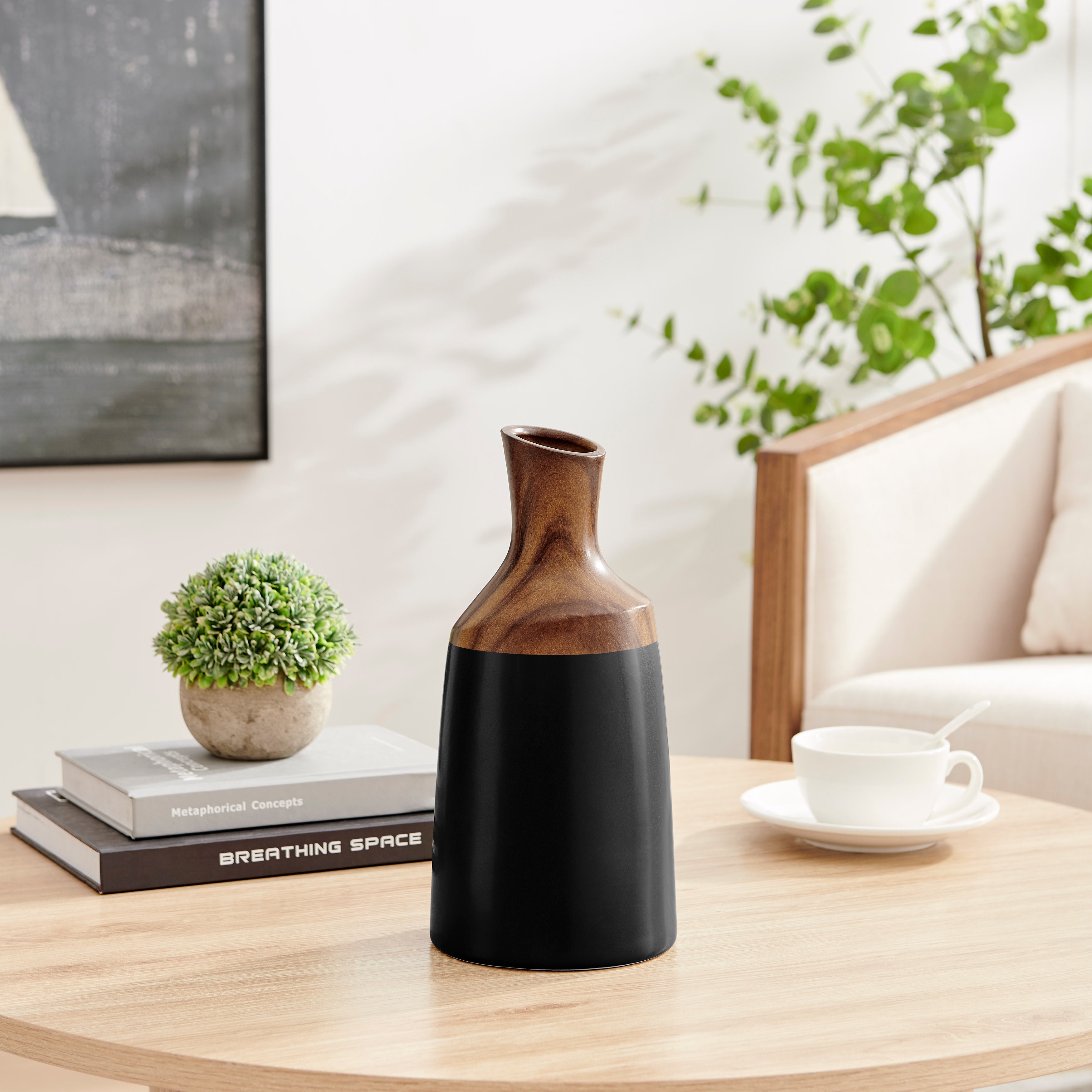 Milo Kande Carafe Modern Two Tone Tabletop Vase - Black and Walnut