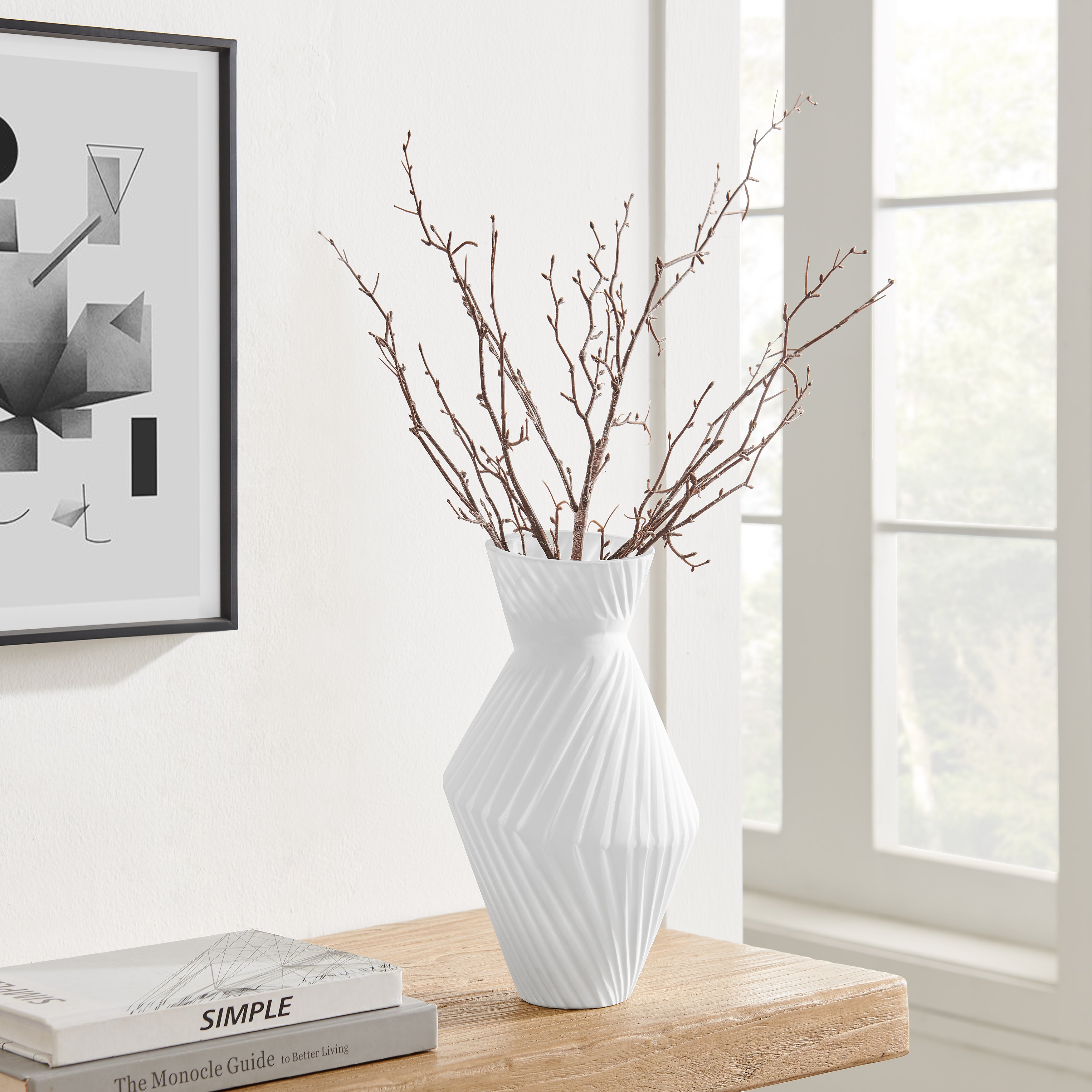 Eos Minimal White Contemporary Ribbed Angular Glass Tabletop Vase