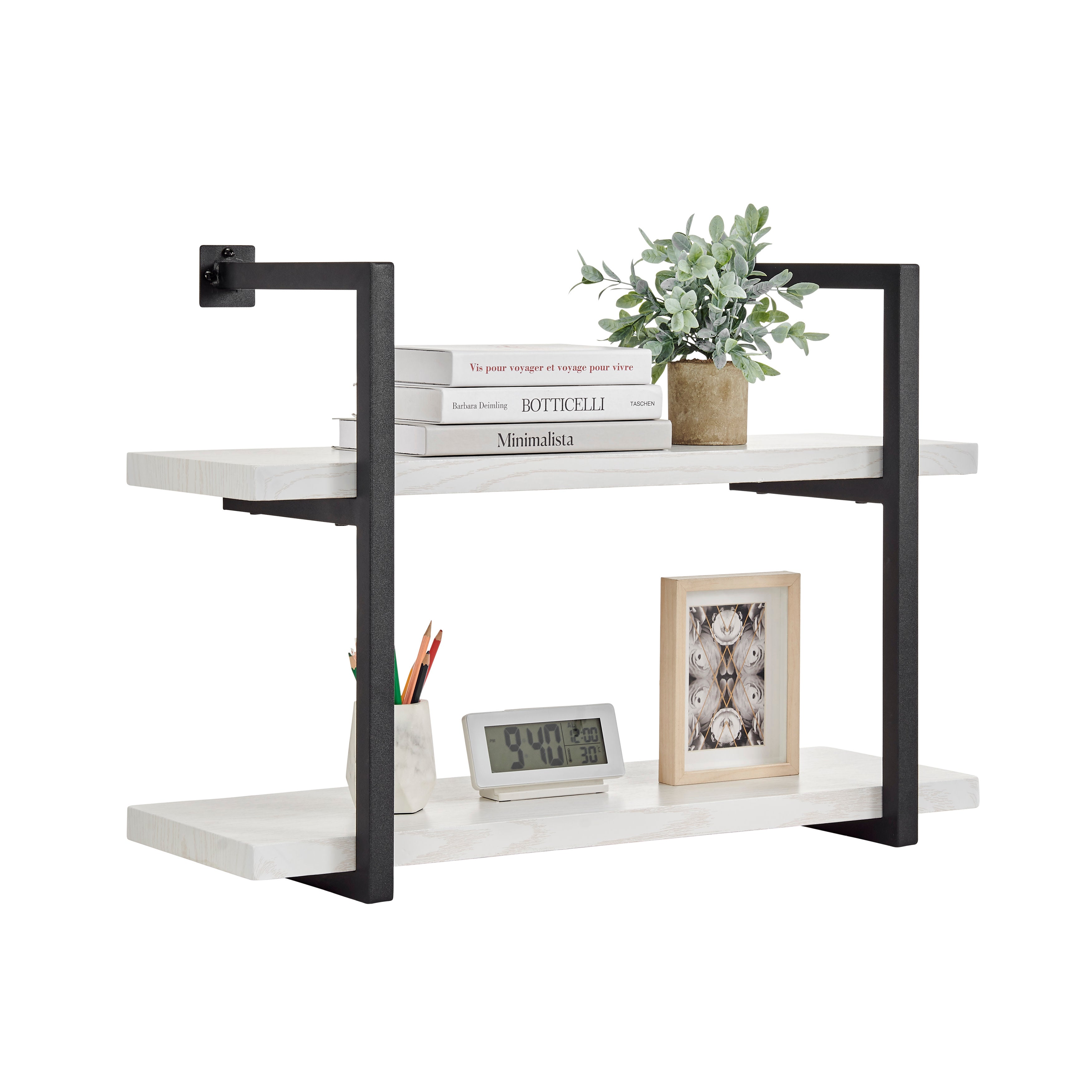 Modern 2-Tier Hanging Bracket Wall Shelves in Black Metal and White Birch Finish