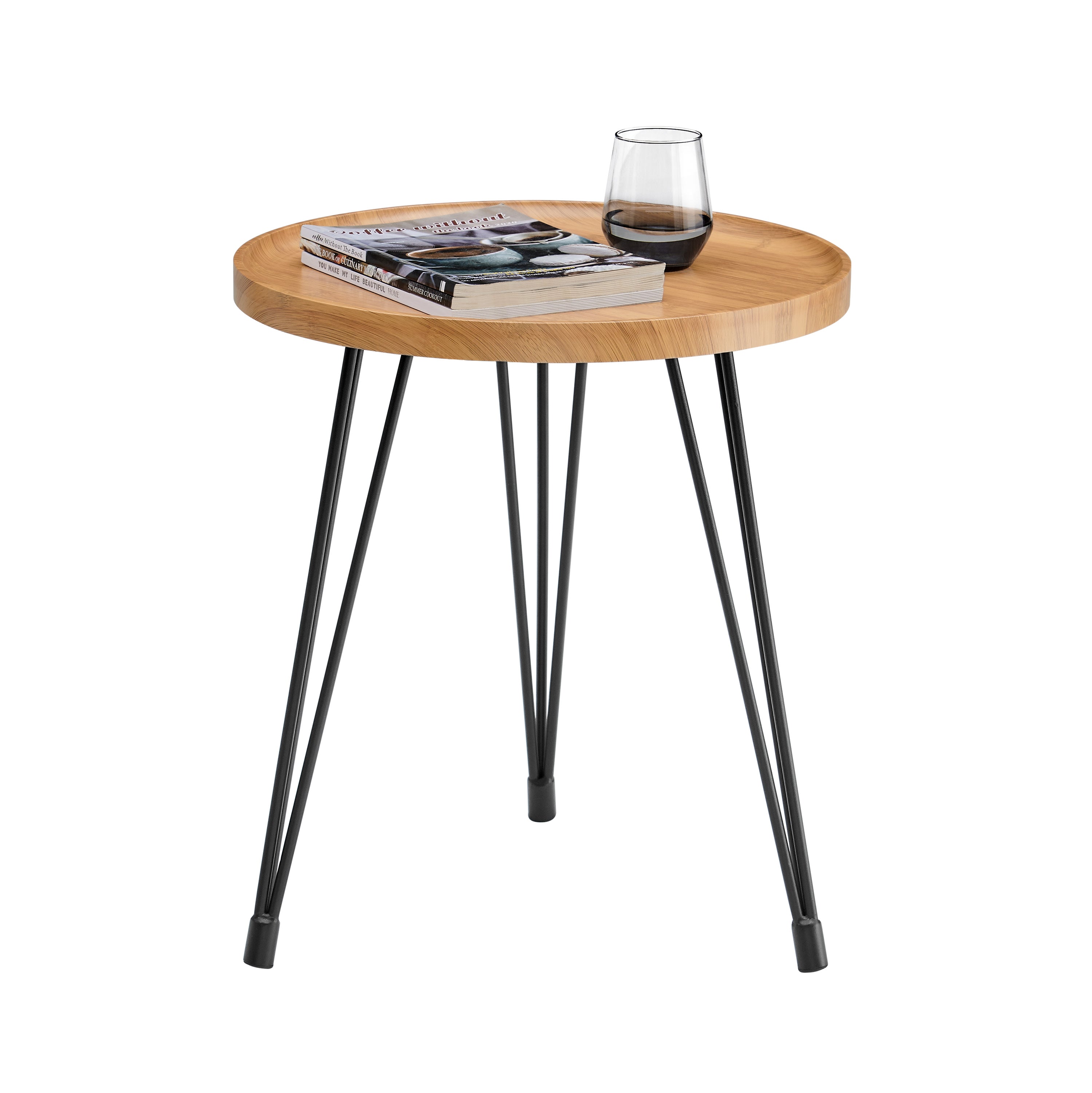 Tadao Raised Lip Edge Side Table with Modern Black Metal Hairpin Legs - Round