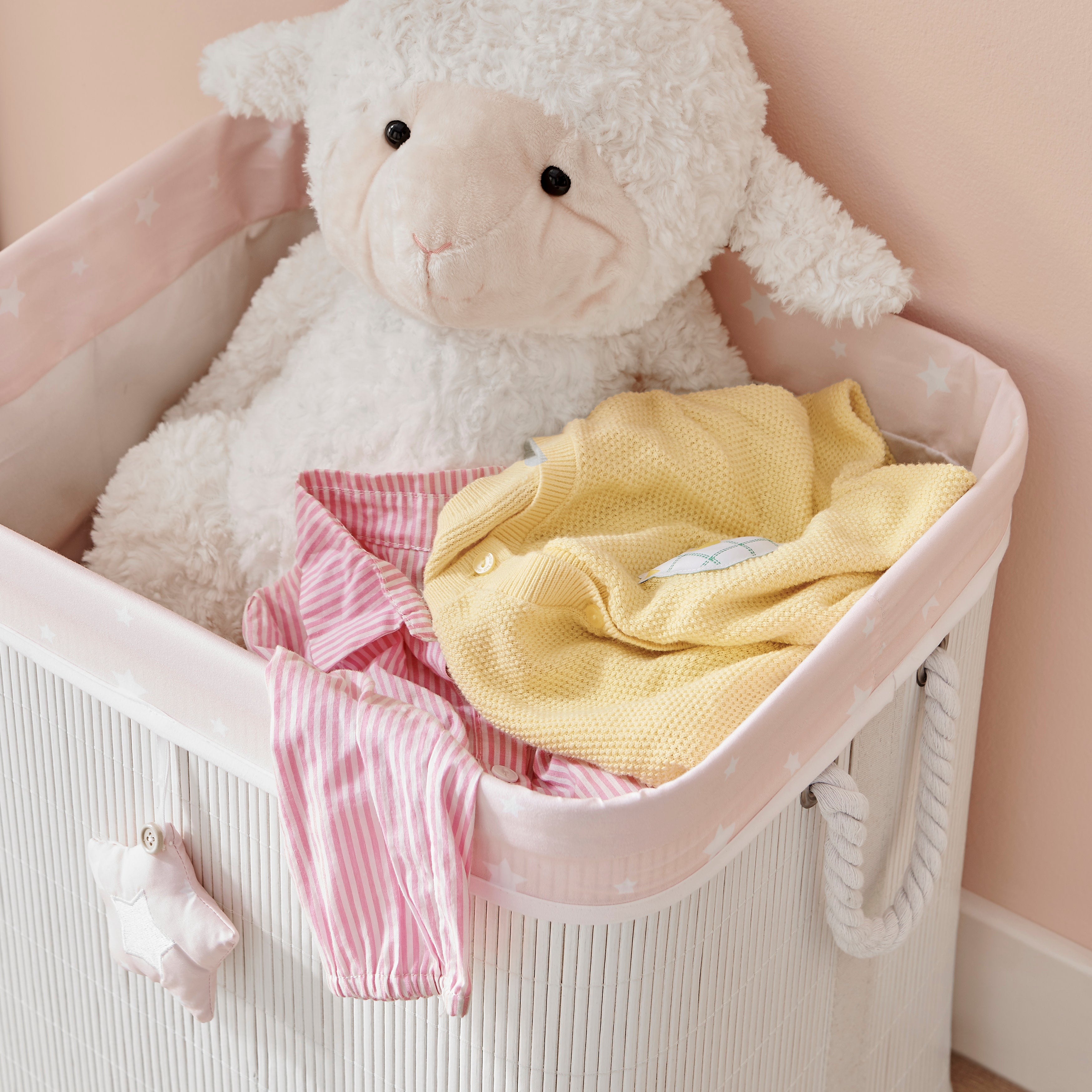 Pink/Cream Collapsible Folding Bamboo Kids Plush Laundry Hamper Toy Storage with Liner and Handles - Sleepy Teddy Bear