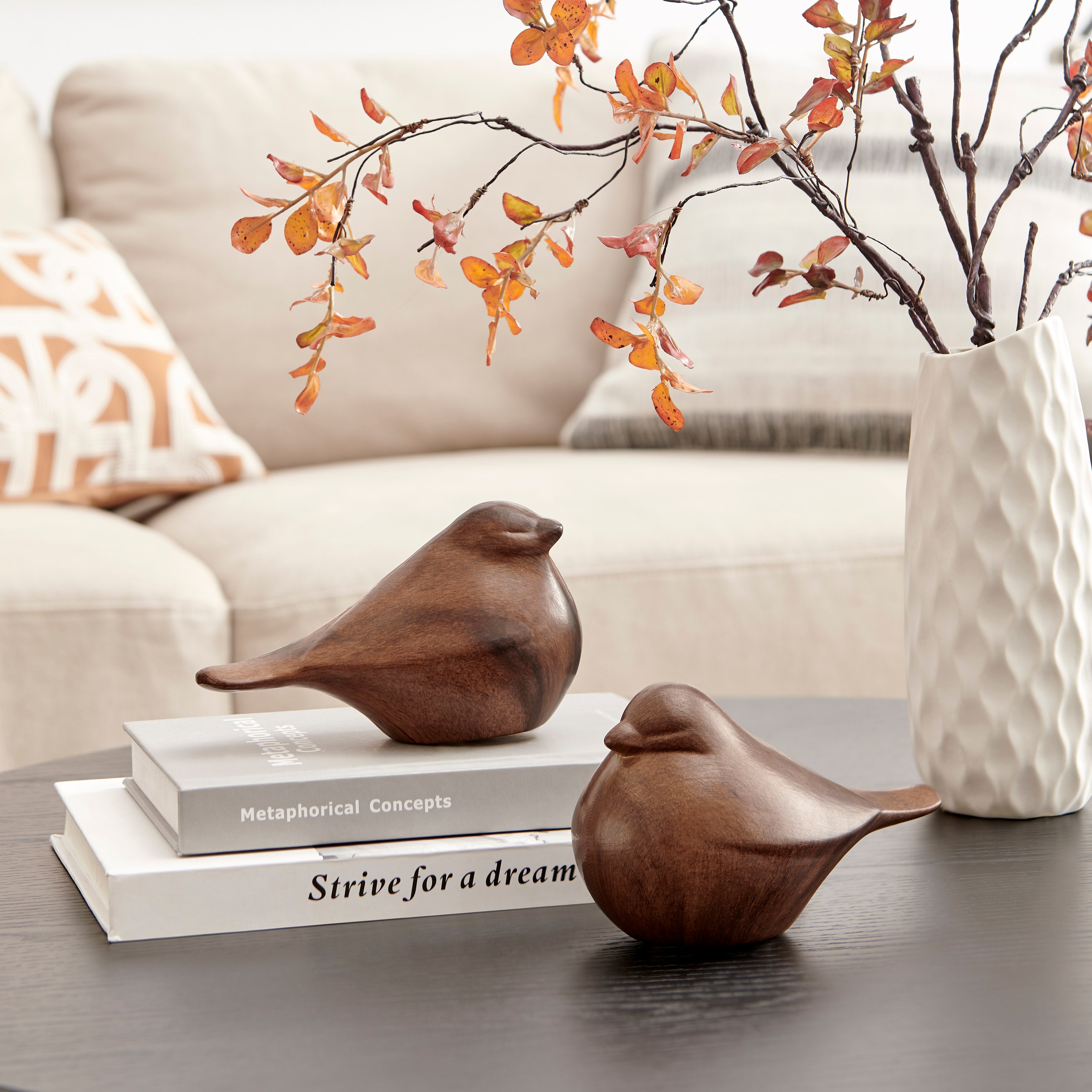 Sanger Set of 2 Modern Abstract Walnut Finish Tabletop Bird Sculpture Figures