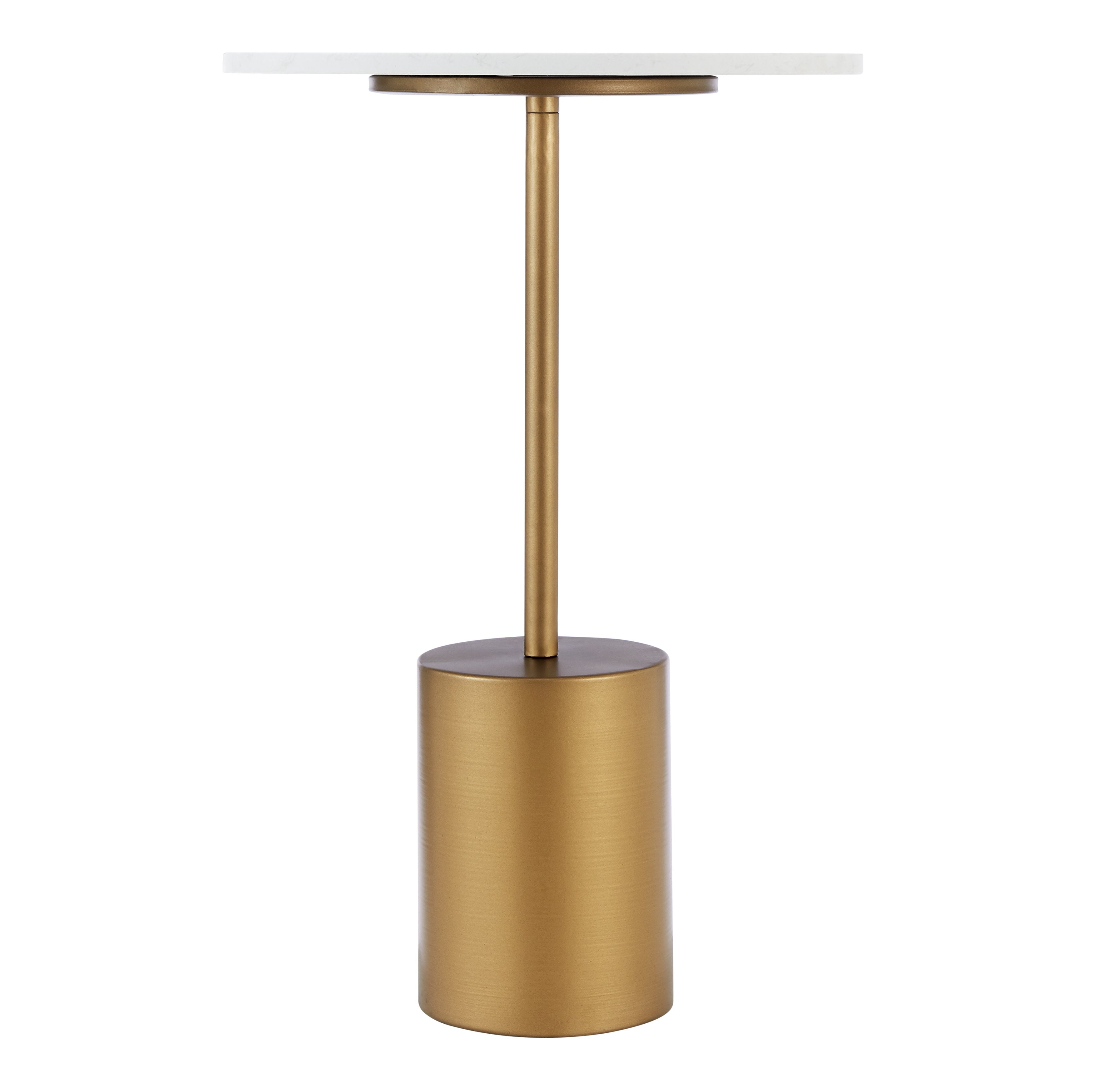 Fritz Midcentury Modern Pedestal Side Accent Table with Gold Metal Base and Genuine White Marble Stone Tabletop