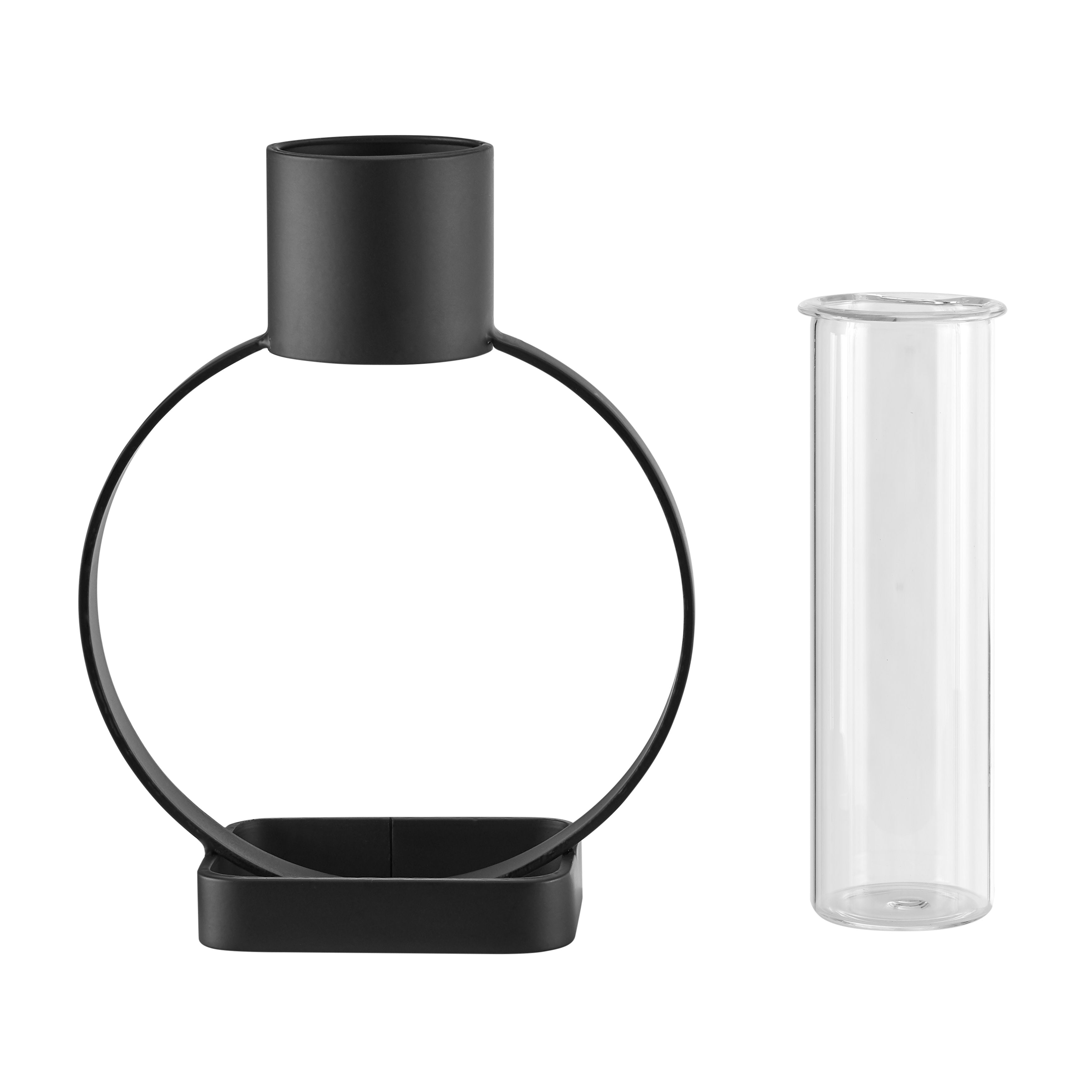 Jacob Modern Black Metal Open Circle Pedestal Clear Glass Tabletop Vase