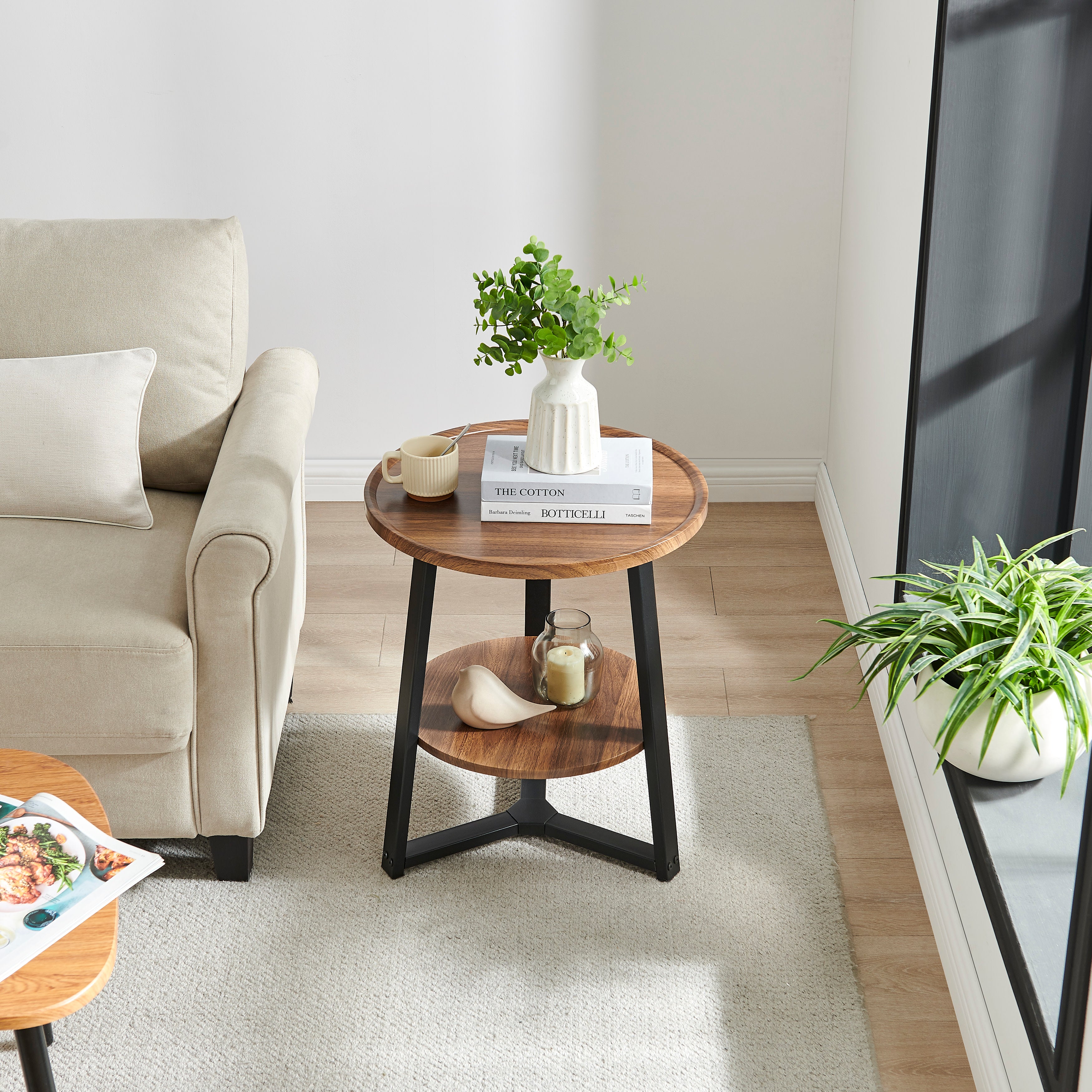 Mason Round 2-Tier Side Accent Table with Raised Lip Edge Tabletop and Mid-century Modern Crossed Metal Bold Pedestal Legs