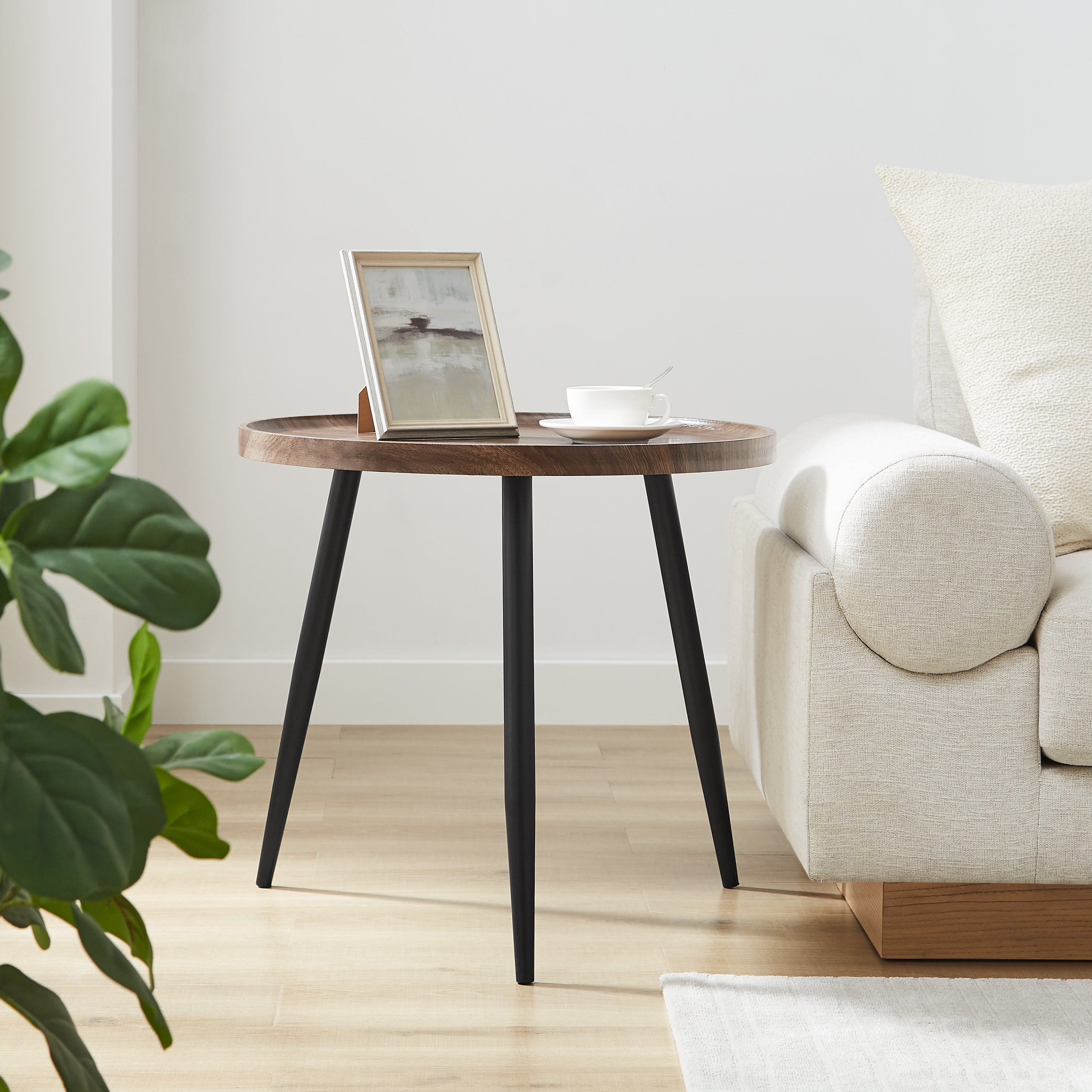 Paxton Raised Lip Edge Side Table with Modern Black Metal Taper Legs - Round