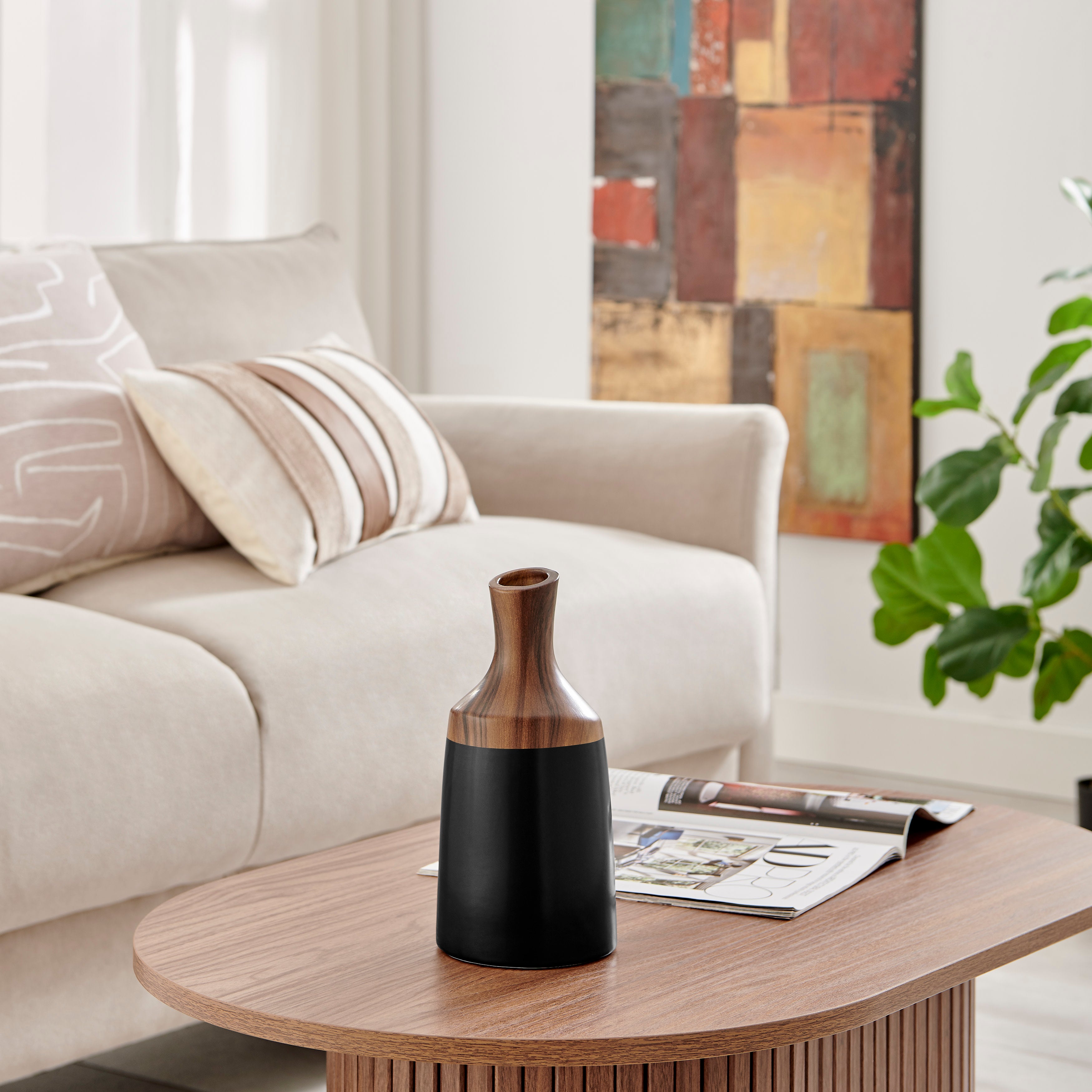 Milo Kande Carafe Modern Two Tone Tabletop Vase - Black and Walnut