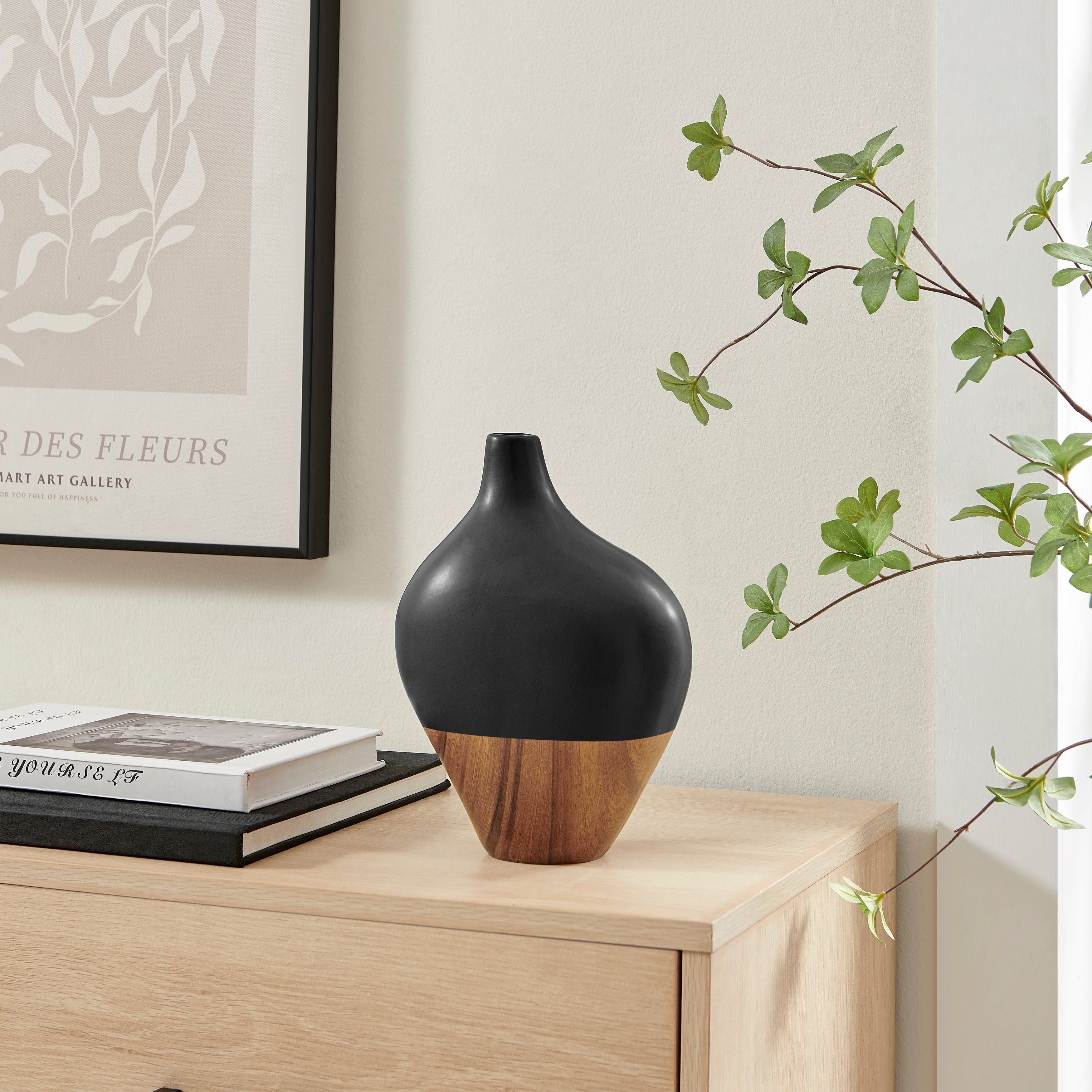 Milo Canteen Asymmetrical Modern Two Tone Tabletop Vase - Black and Walnut