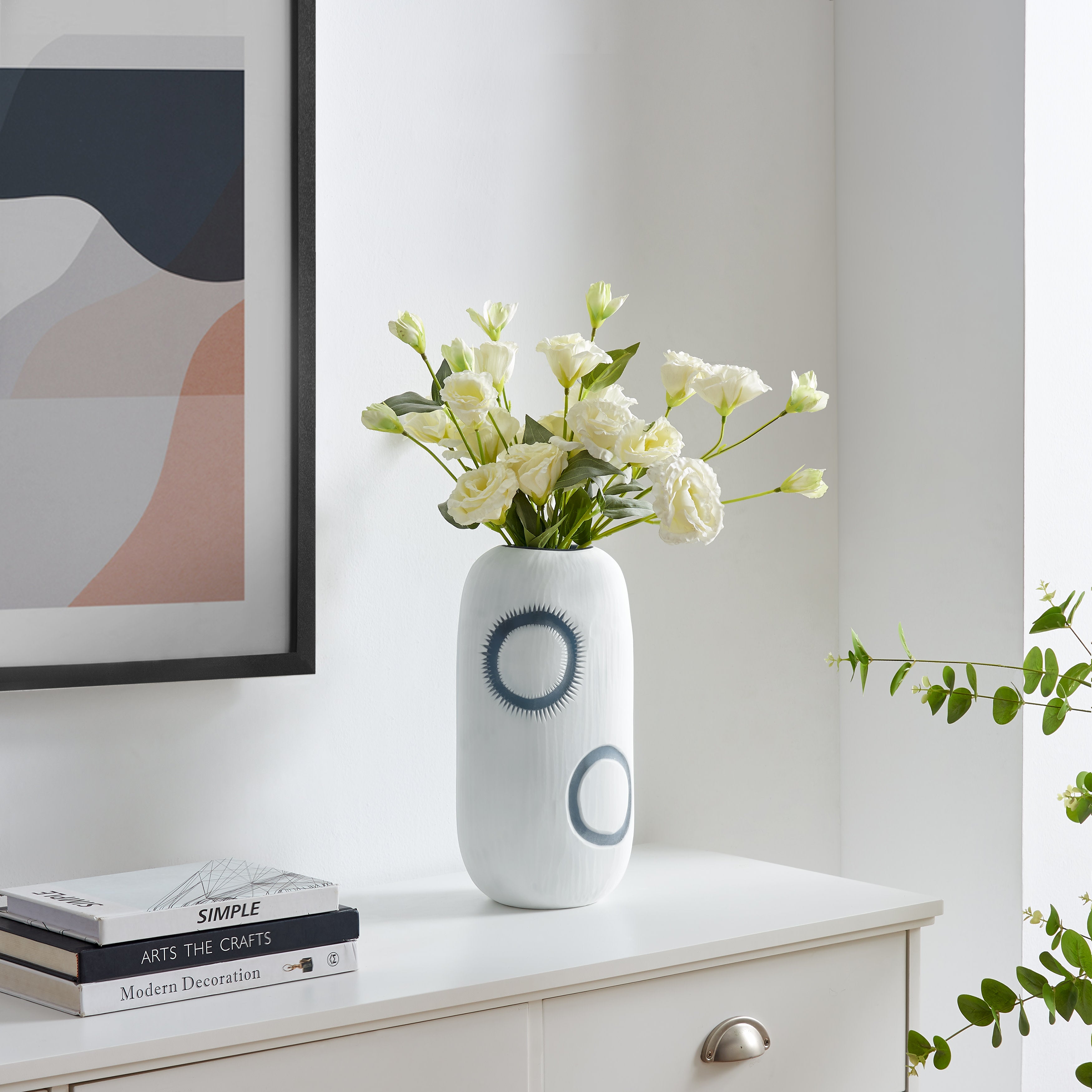 Elara Cylindrical Contemporary Matte White and Navy Oval Opening Glass Tabletop Vase