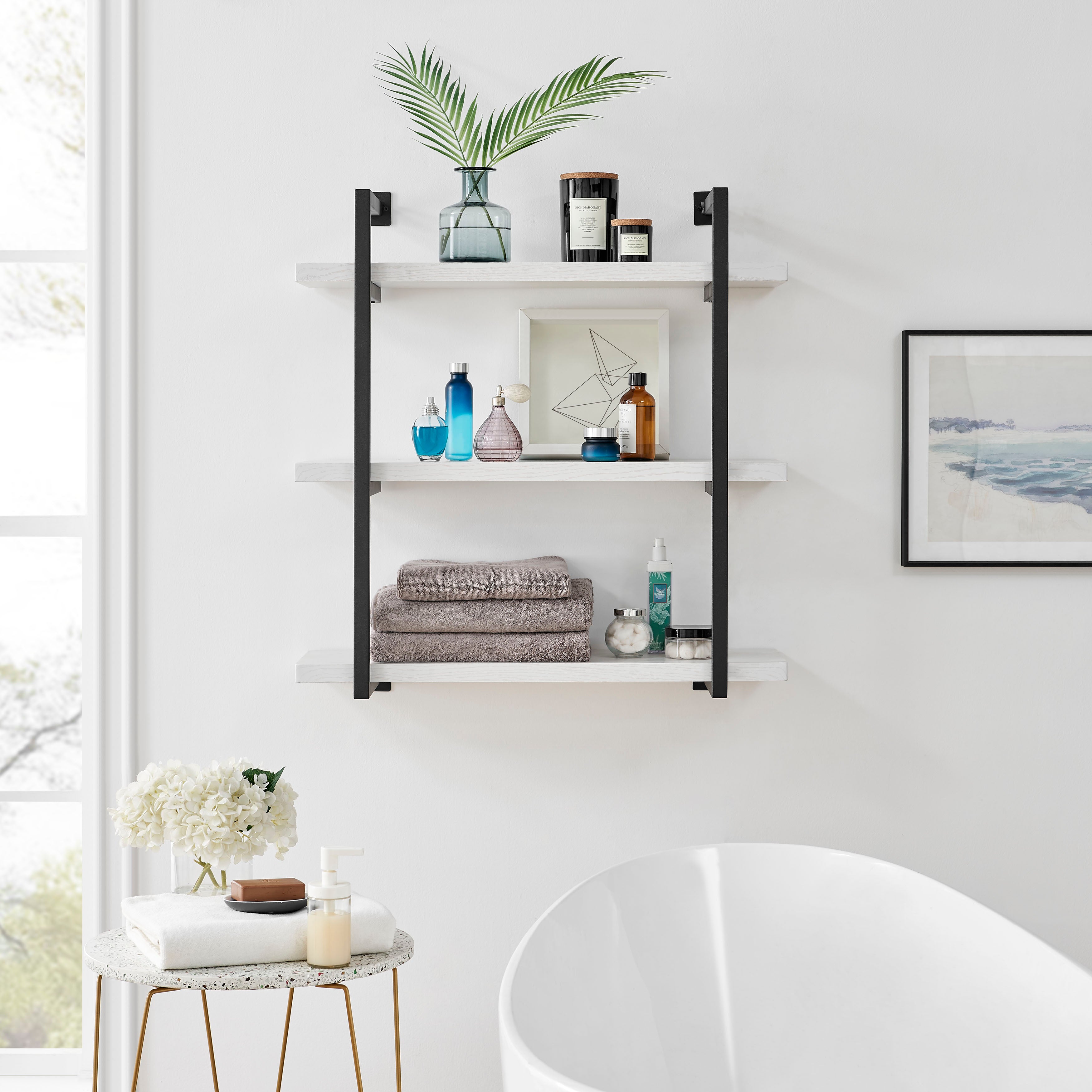 Modern 3-Tier Hanging Bracket Wall Shelves in Black Metal and White Birch Finish