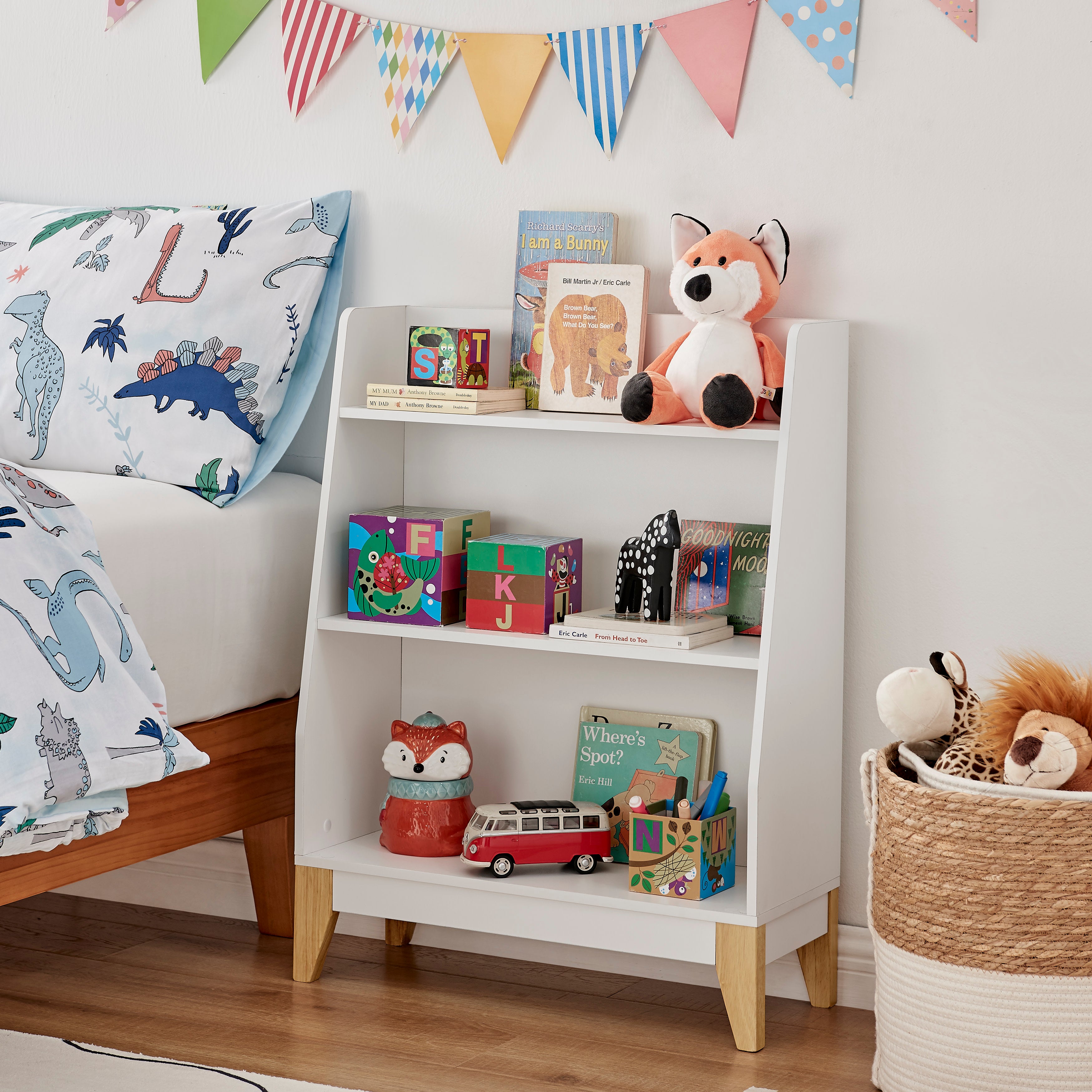 Steiner White 3-Tier Kids Book or Toy Figure Display Unit Freestanding Bookshelf with Contrasting Wood-Toned Legs