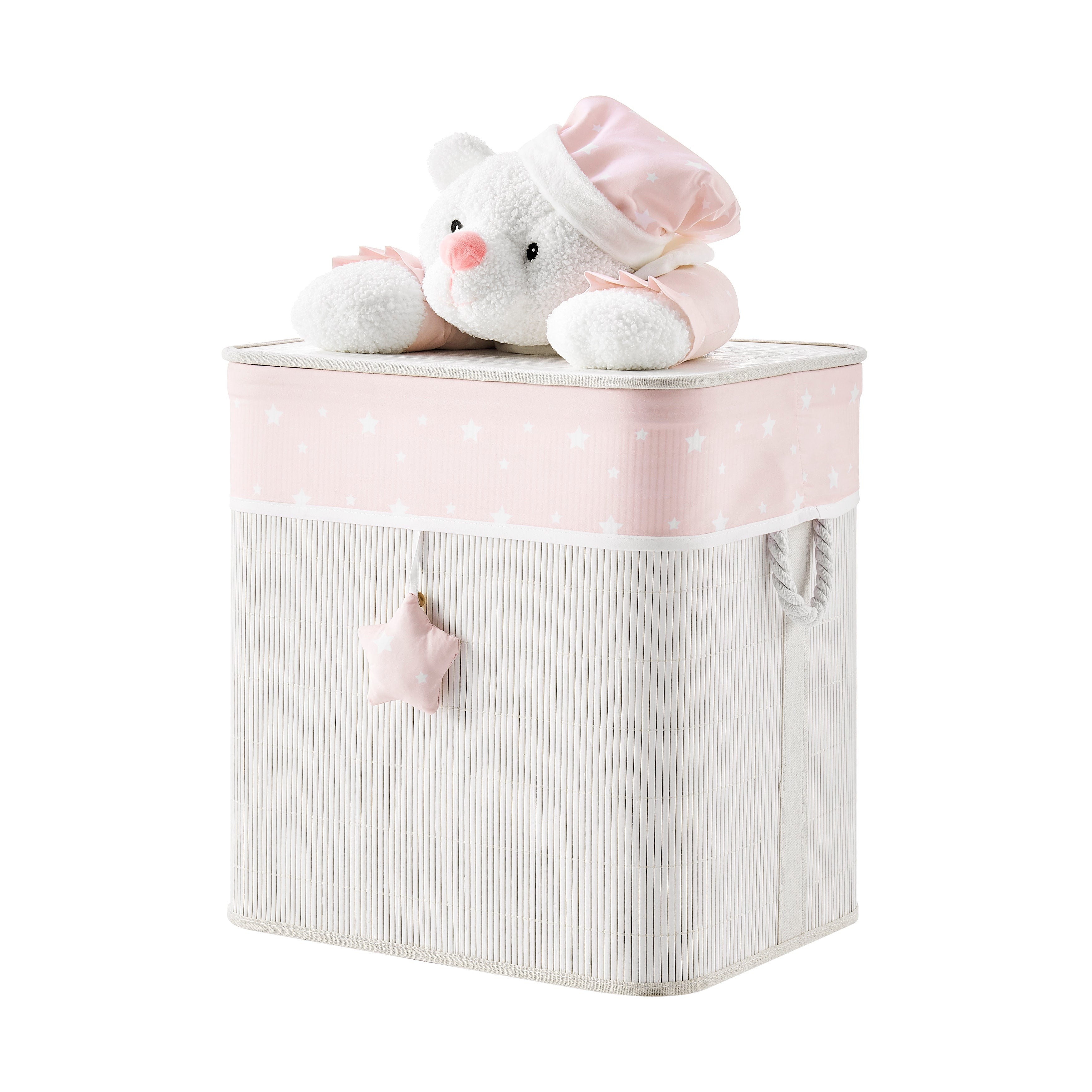 Pink/Cream Collapsible Folding Bamboo Kids Plush Laundry Hamper Toy Storage with Liner and Handles - Sleepy Teddy Bear