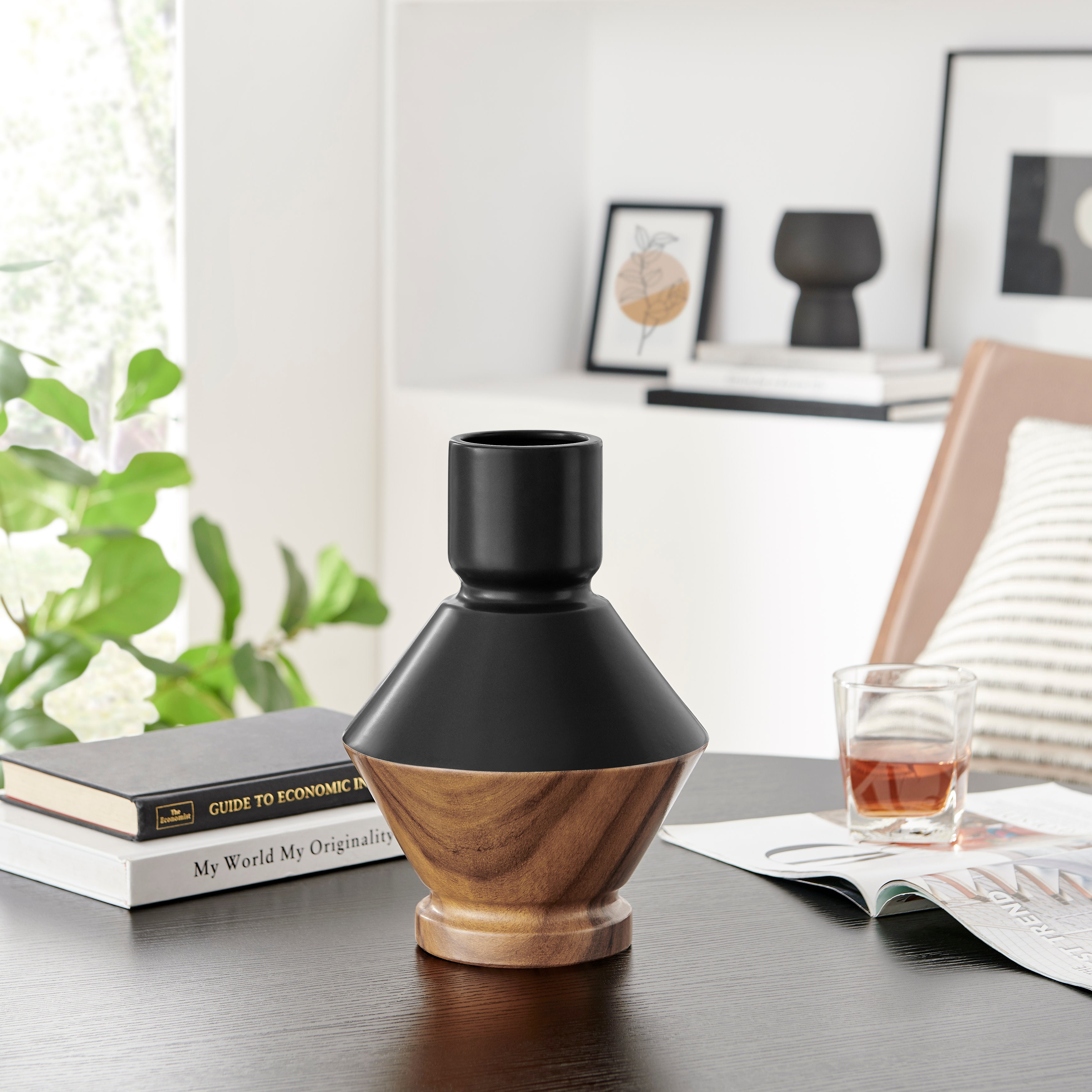 Milo Diamant Revese Hourglass Modern Two Tone Tabletop Vase - Black and Walnut
