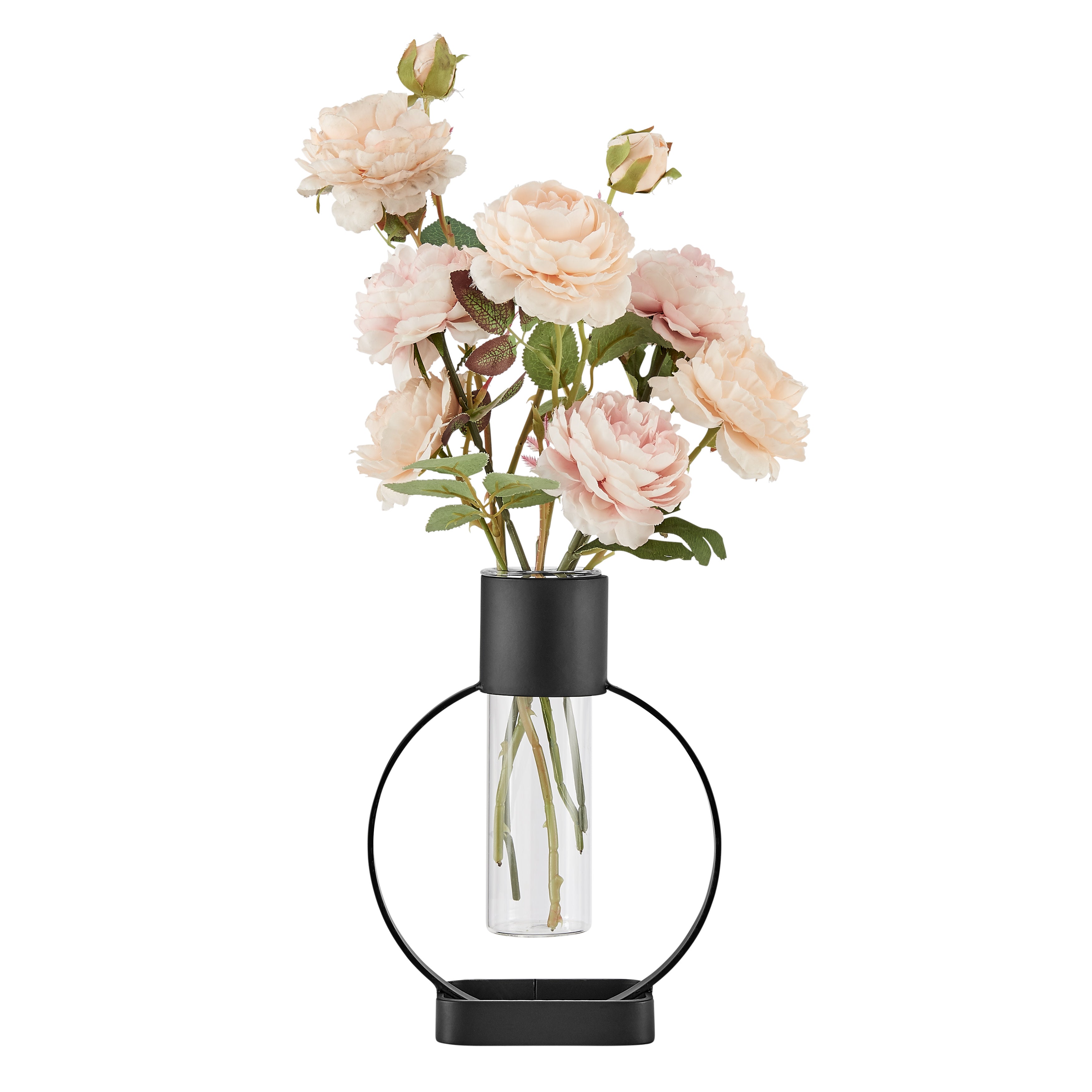 Jacob Modern Black Metal Open Circle Pedestal Clear Glass Tabletop Vase