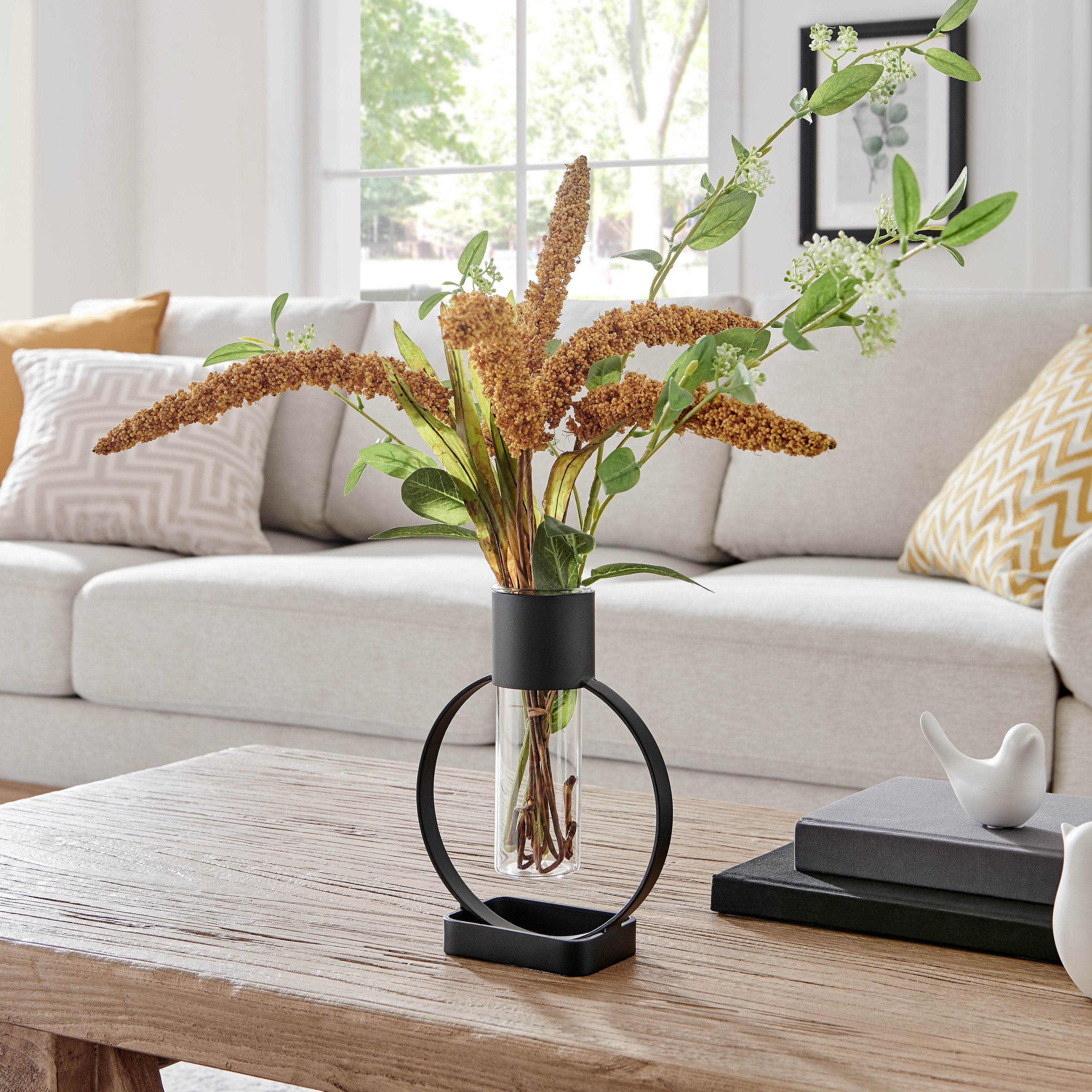 Jacob Modern Black Metal Open Circle Pedestal Clear Glass Tabletop Vase