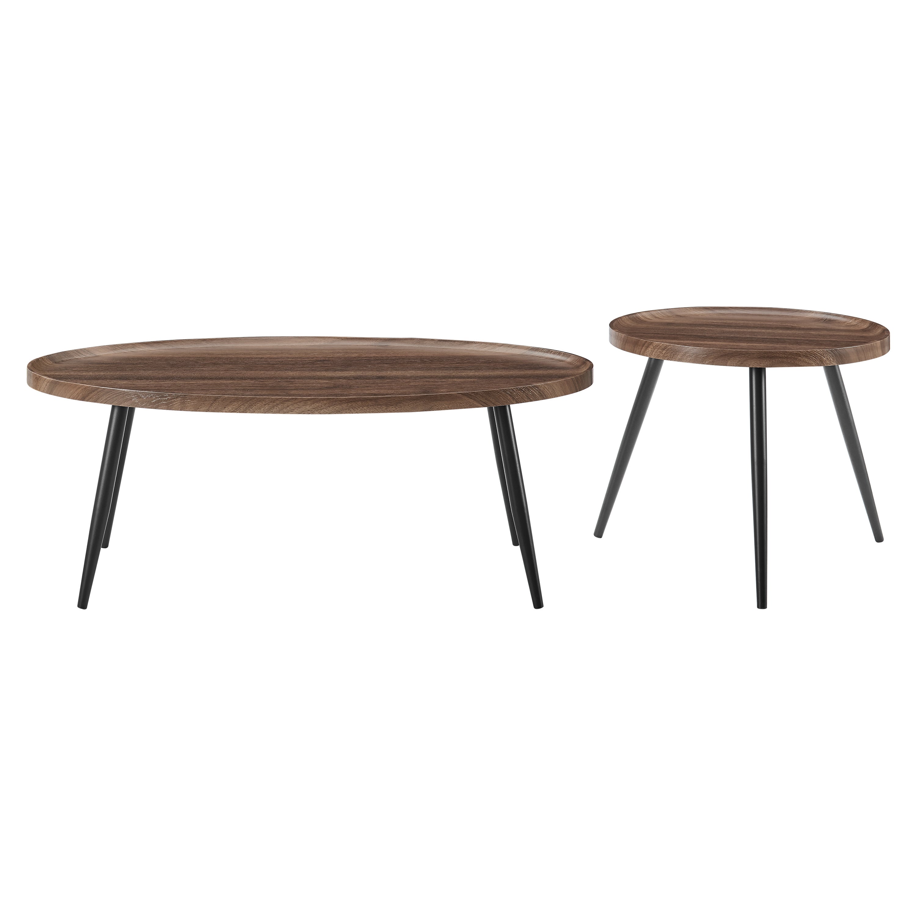 Paxton Nesting Raised Lip Edge 2 Piece Coffee Table Set with Modern Black Metal Taper Legs - Round and Oval