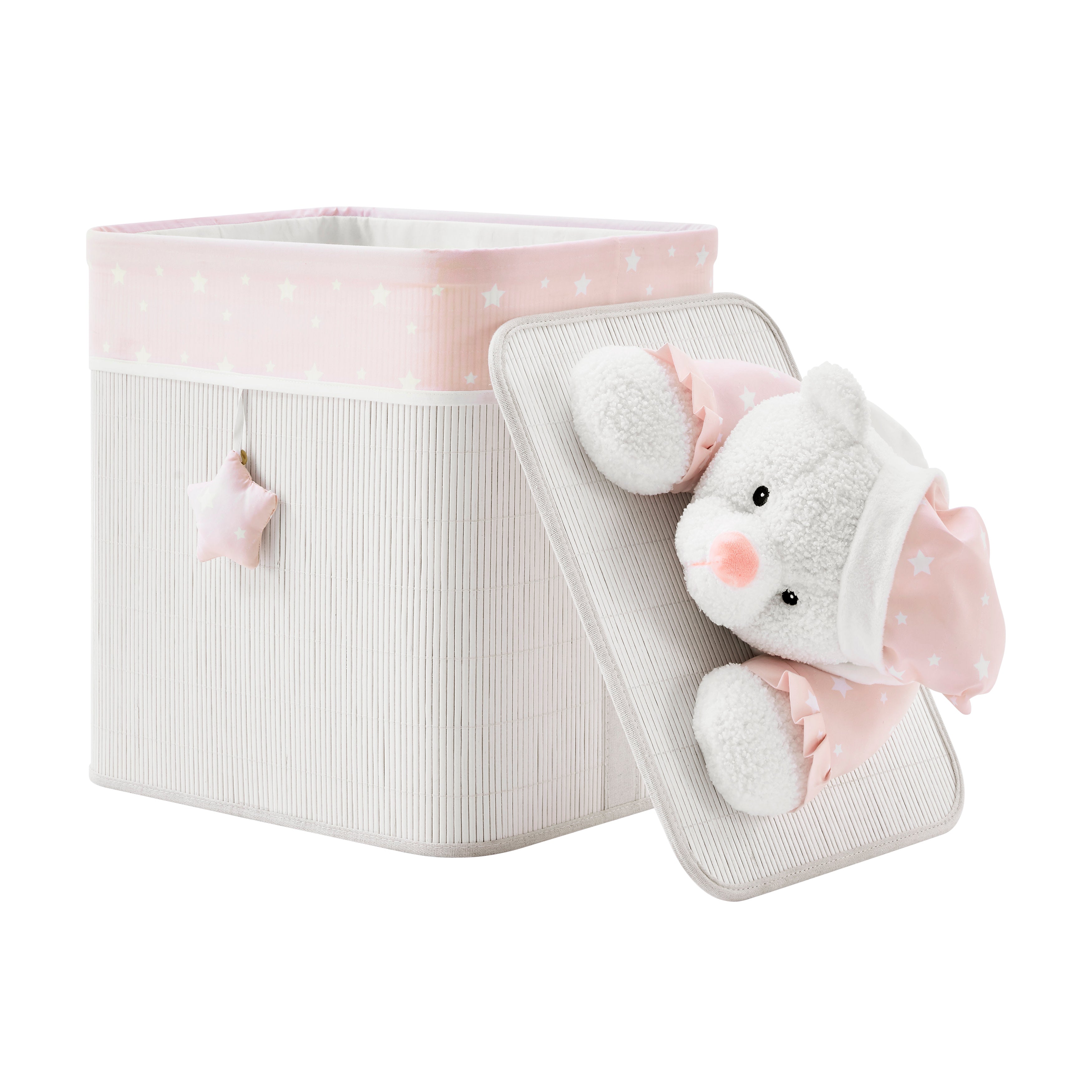 Pink/Cream Collapsible Folding Bamboo Kids Plush Laundry Hamper Toy Storage with Liner and Handles - Sleepy Teddy Bear