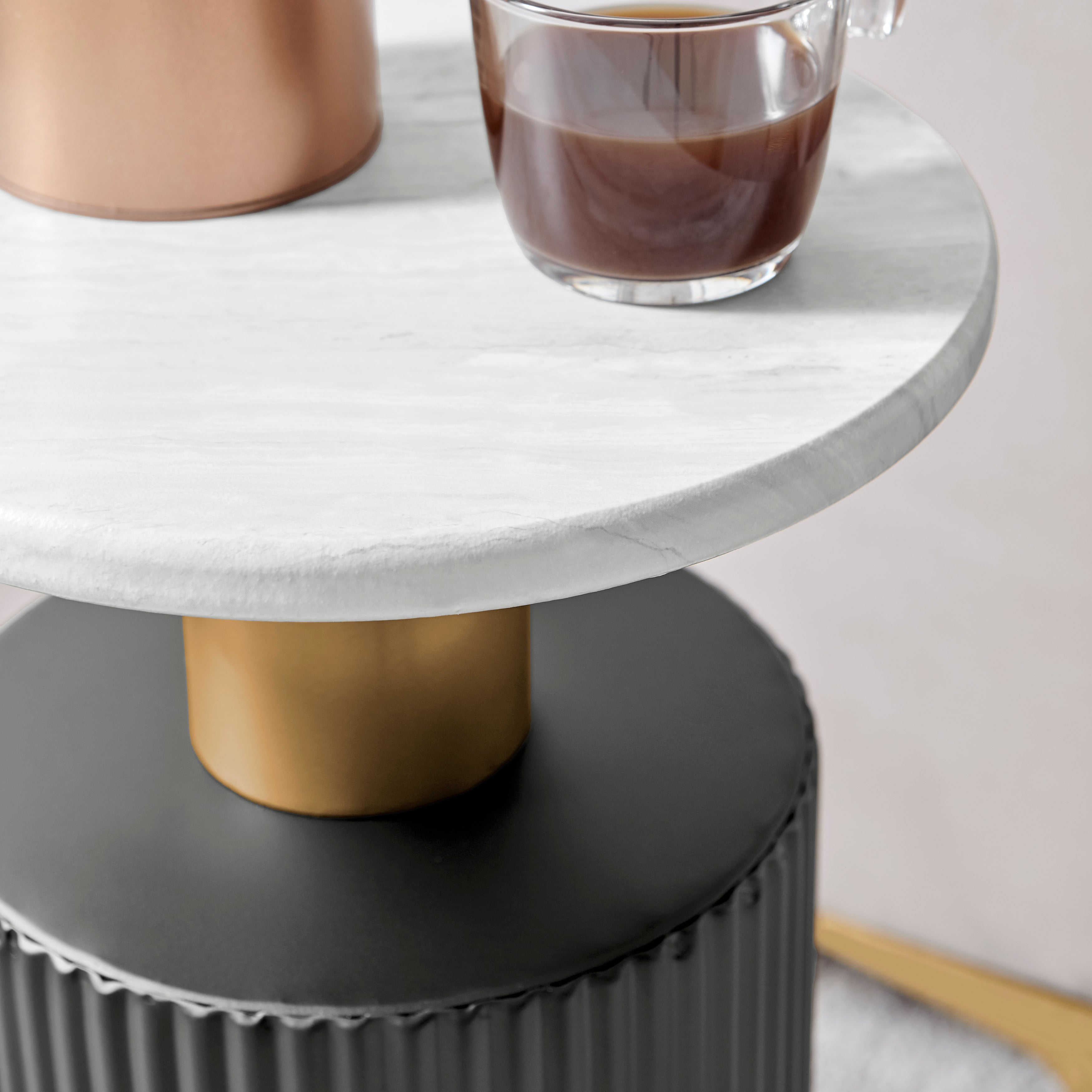 Fritz Midcentury Modern Column Side Accent Table with Textured Black Base Gold Metal Column Accents and Faux Marble Laminate Tabletop