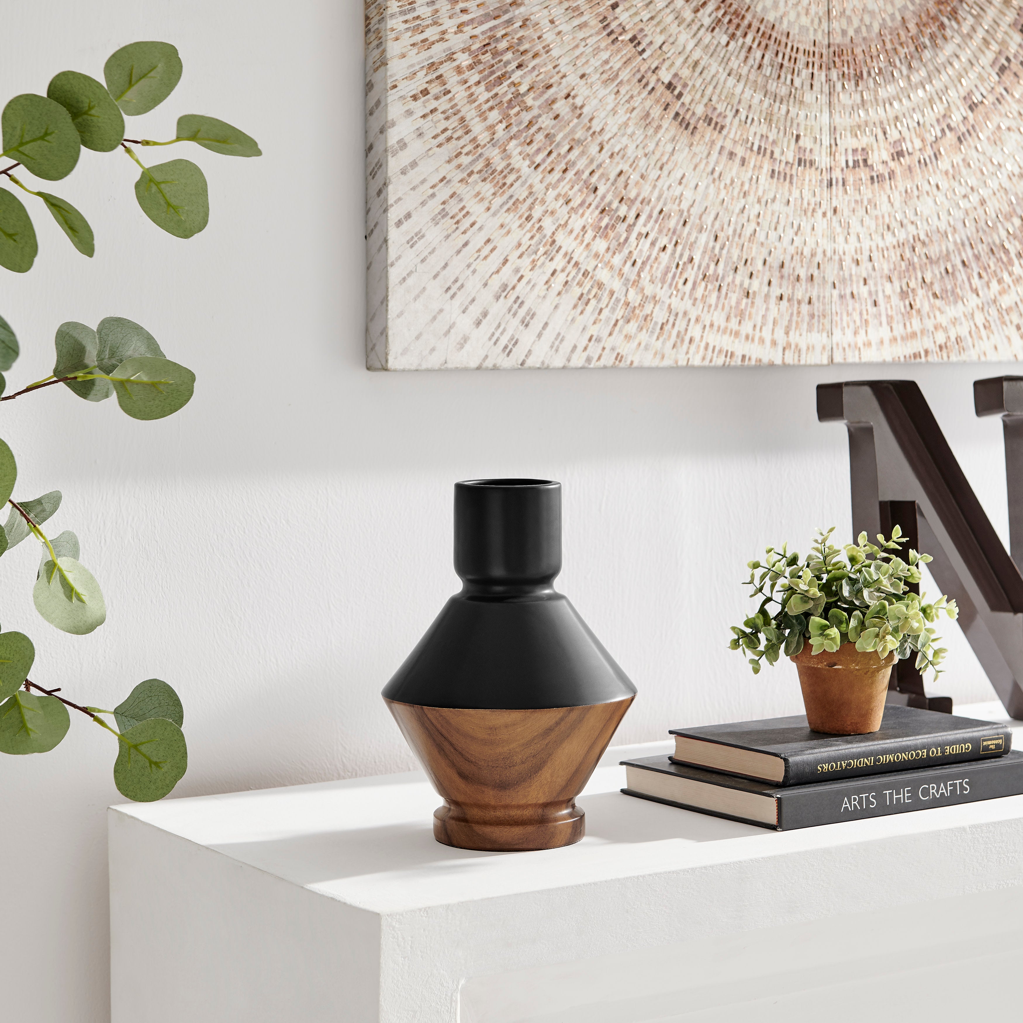 Milo Diamant Revese Hourglass Modern Two Tone Tabletop Vase - Black and Walnut